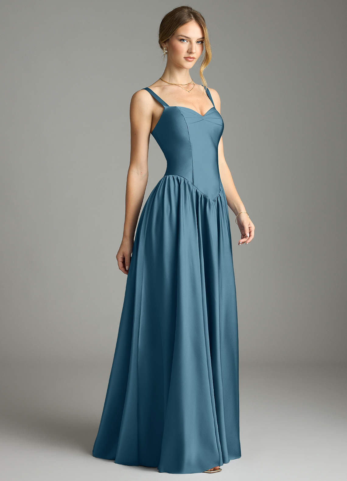 Azazie Evadina Suknie dla druhen Linia A Gorset Satyna elastyczna Do ziemi Sukienka image3