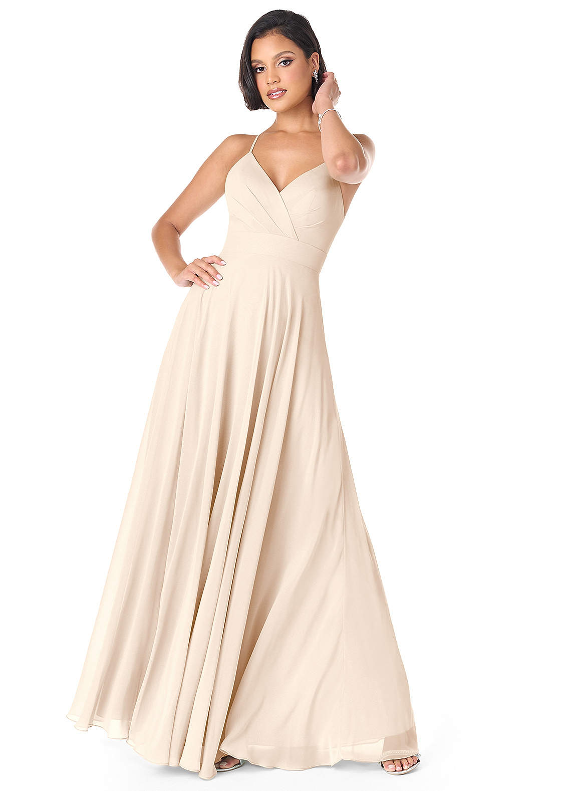 Azazie Avelina At-home Try On Dresses White Alabaster A-Line V-Neck Pleated Chiffon Dress image1