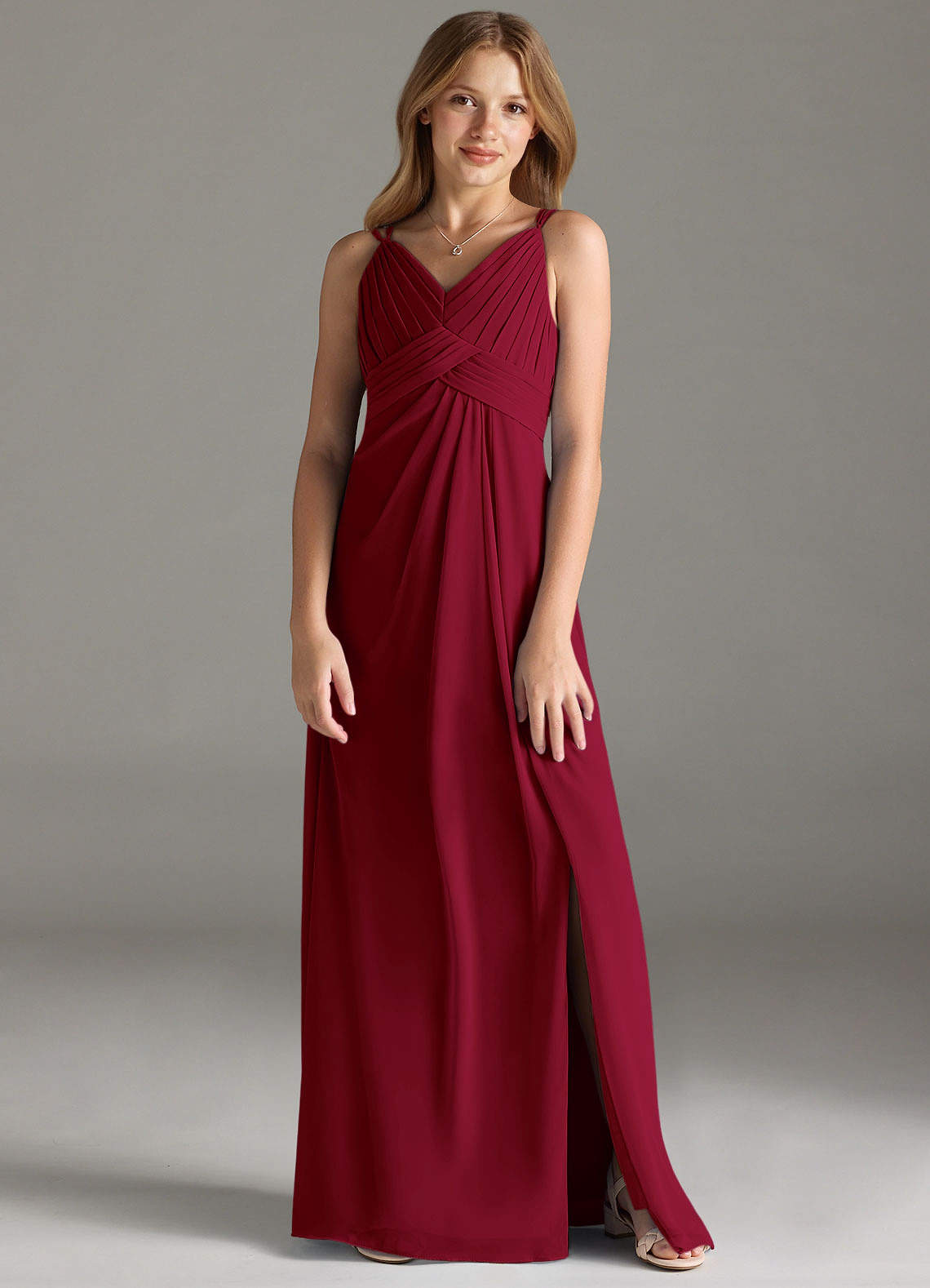Azazie Maren Allure Junior Burgundy A-Line Lace Chiffon Dress image1
