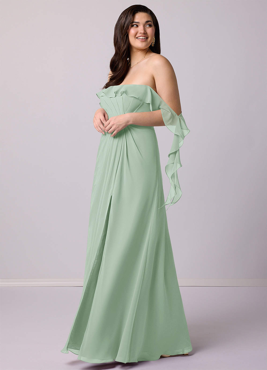 Barbie ♥ Azazie Bridesmaid Dresses Agave A-Line Off the Shoulder Chiffon Convertible Dress image9