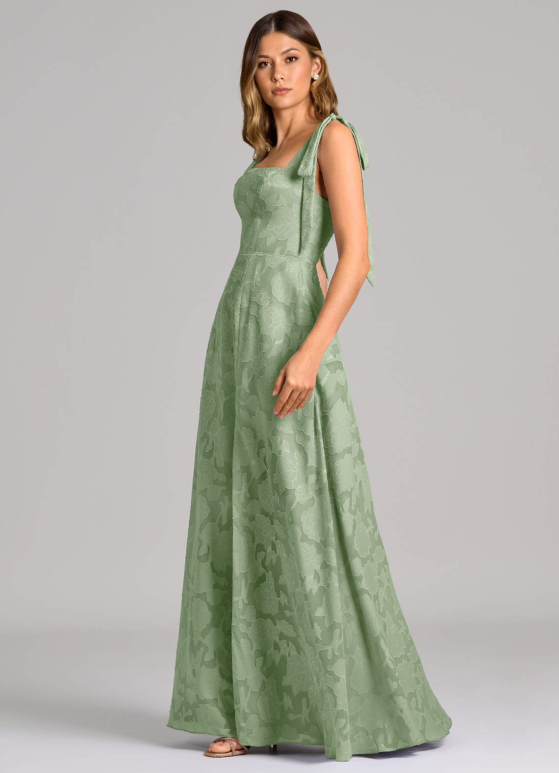 Azazie Debra Bridesmaid Dresses Dusty Sage A-Line with Pockets Floral Burnout Dress image2