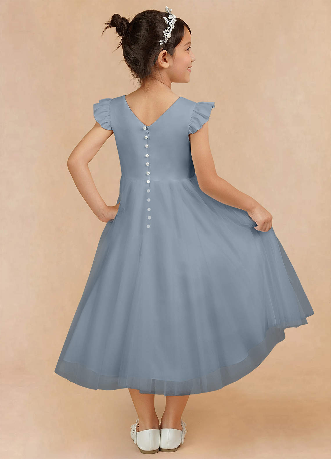 Azazie Hemi Flower Girl Dresses Dusty Blue A-Line Bow Tulle Dress image8