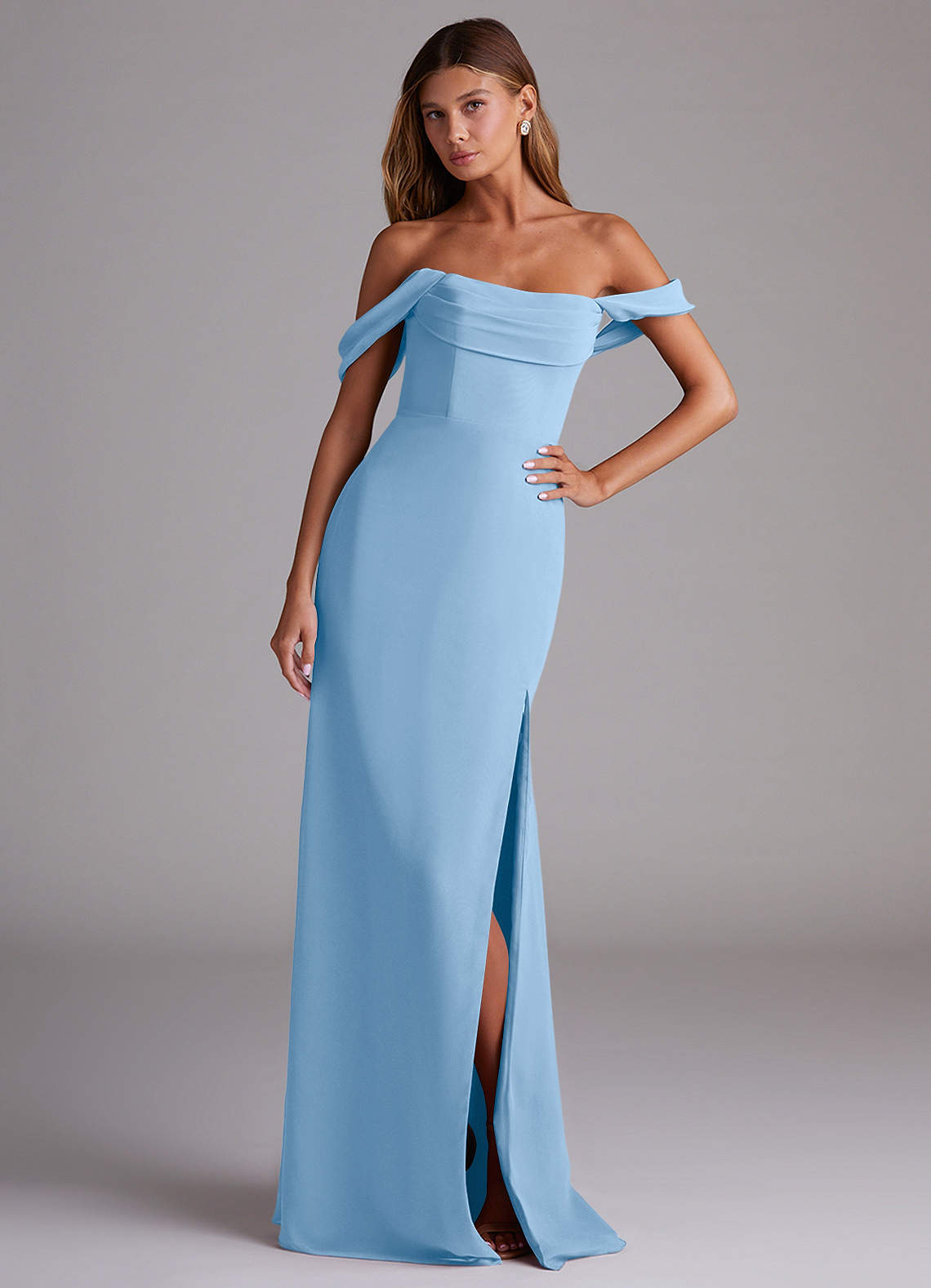 Azazie Saige Bridesmaid Dresses Powder Blue A-Line Off the Shoulder Chiffon Convertible Dress image3