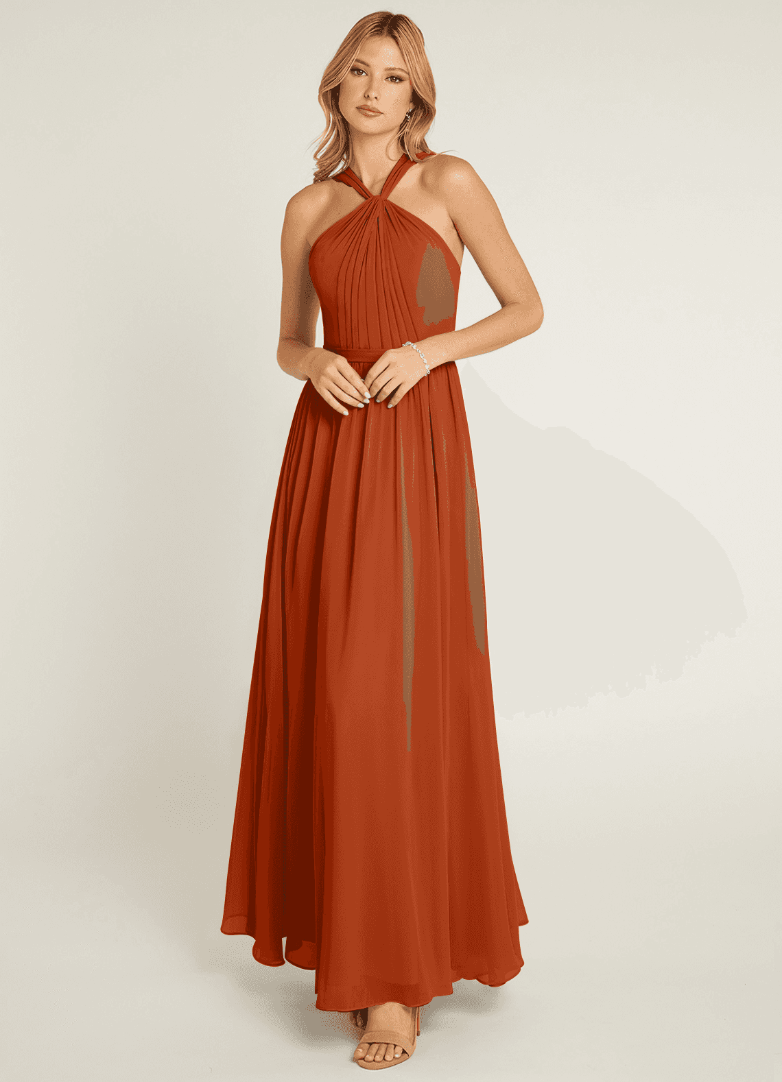 Azazie Jacey Bridesmaid Dresses Burnt Orange A-Line Pleated Chiffon Dress image1