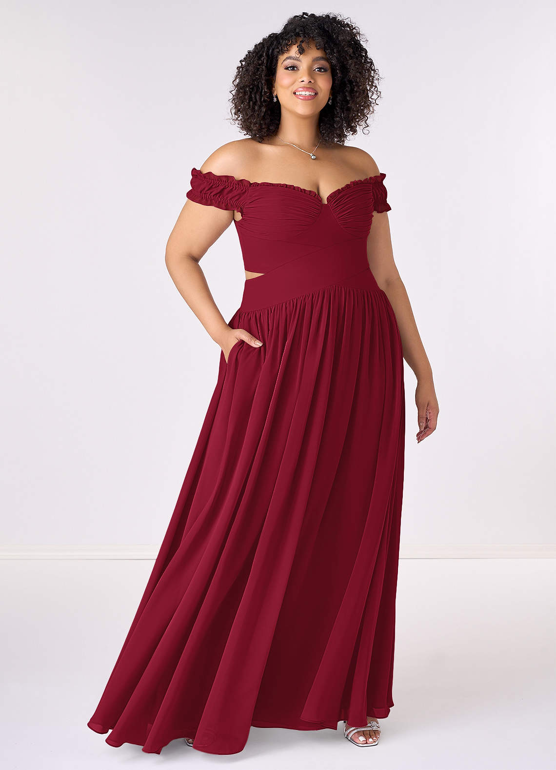 Barbie ♥ Azazie Final Sale Burgundy A-Line Off the Shoulder Chiffon Convertible Dress image1