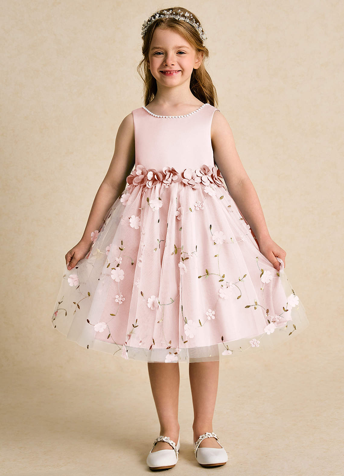 Azazie Starri Flower Girl Dresses Blushing Pink Ball-Gown Beaded Matte Satin Dress image1