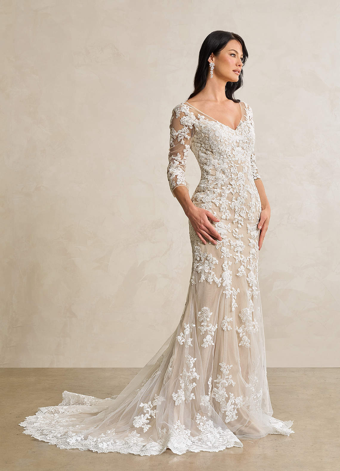 Azazie Neela Hochzeitskleider Meerjungfrau-Linie V-Hals Spitze Tüll Kleid Diamantweiß Nude image1