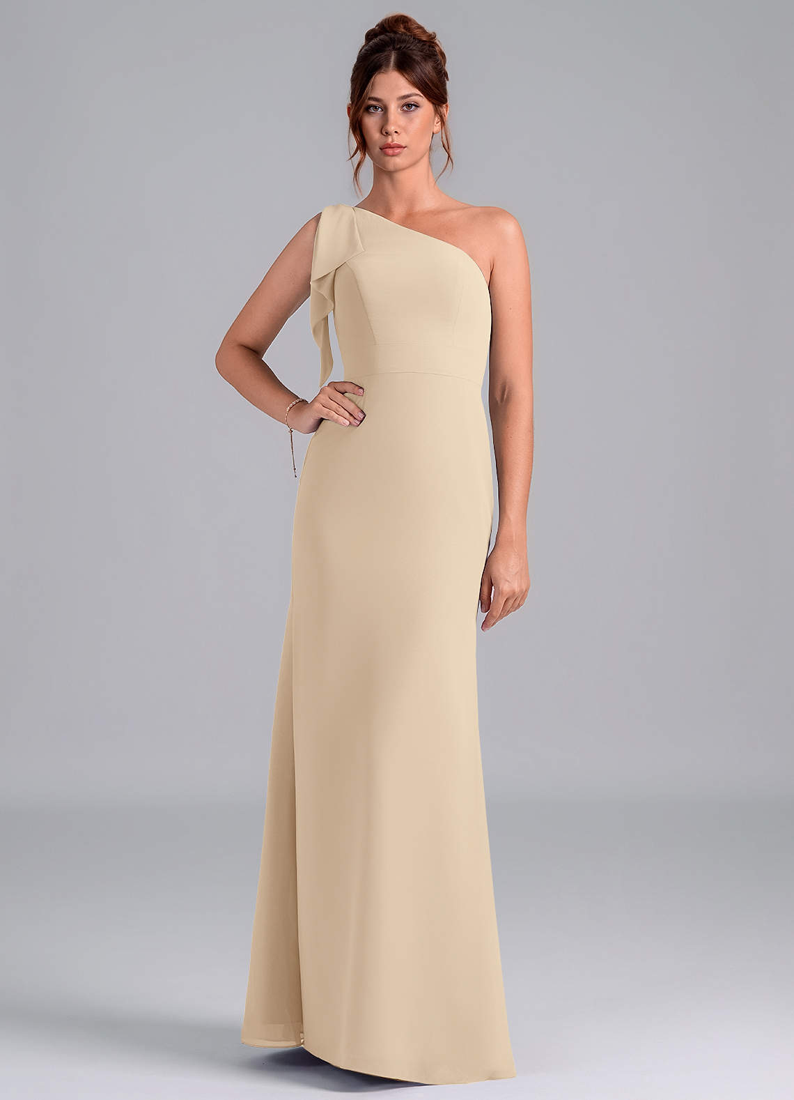 Azazie Rinna Bridesmaid Dresses Champagne Mermaid One Shoulder Chiffon Dress image1