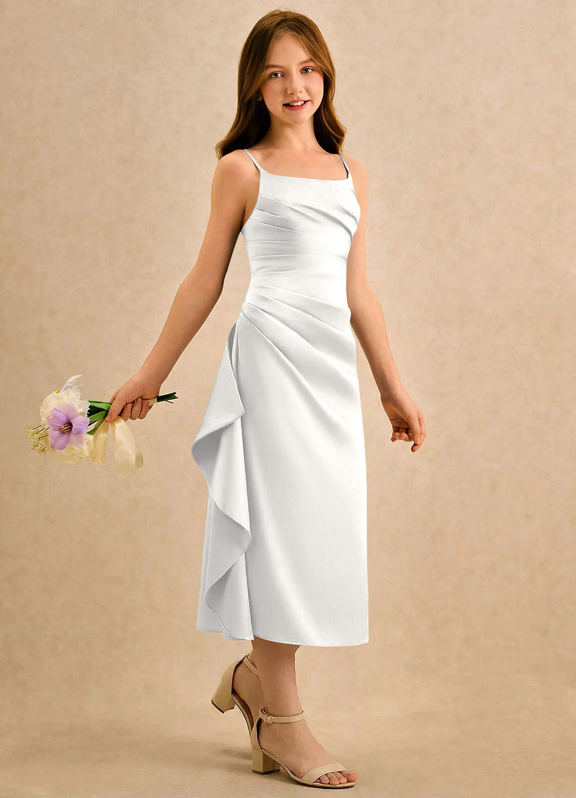 Azazie Canna Girls Formal Sukienki dla dziewczynek sypiących kwiaty Linia A Pofałdowany Satyna elastyczna Długość herbaty Sukienka image2