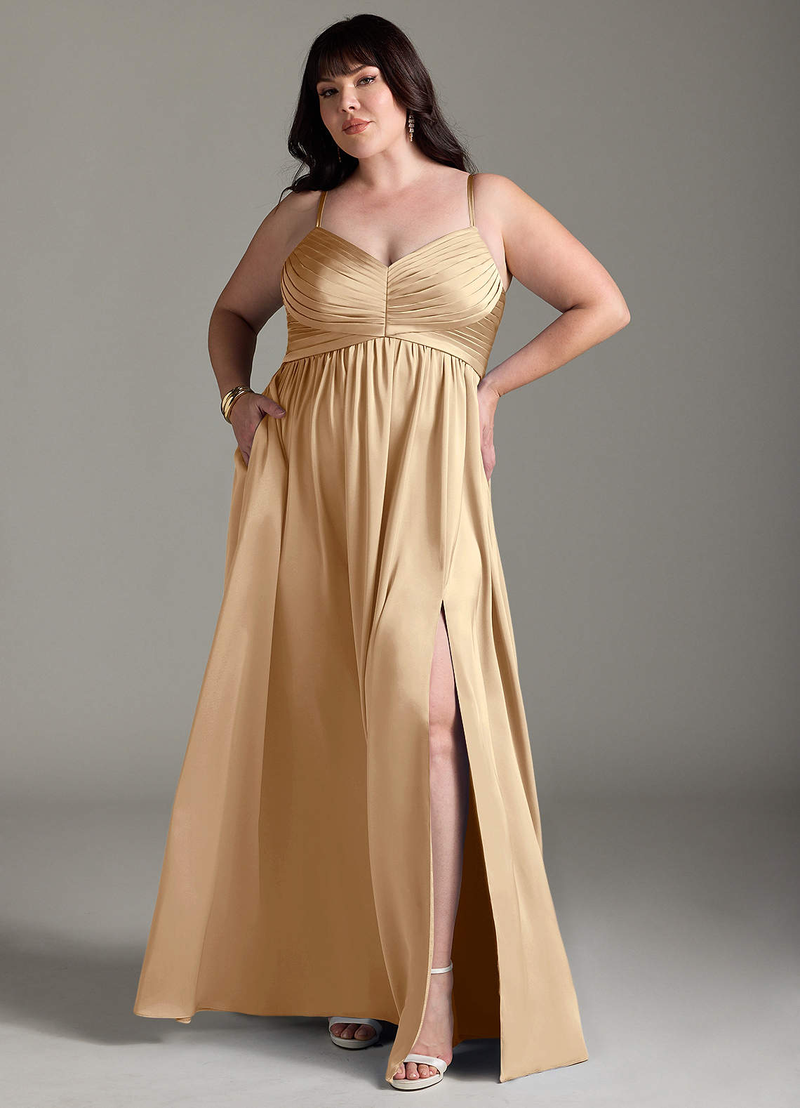 Azazie Alia Bridesmaid Dresses Champagne A-Line Pleated Stretch Satin Dress image1