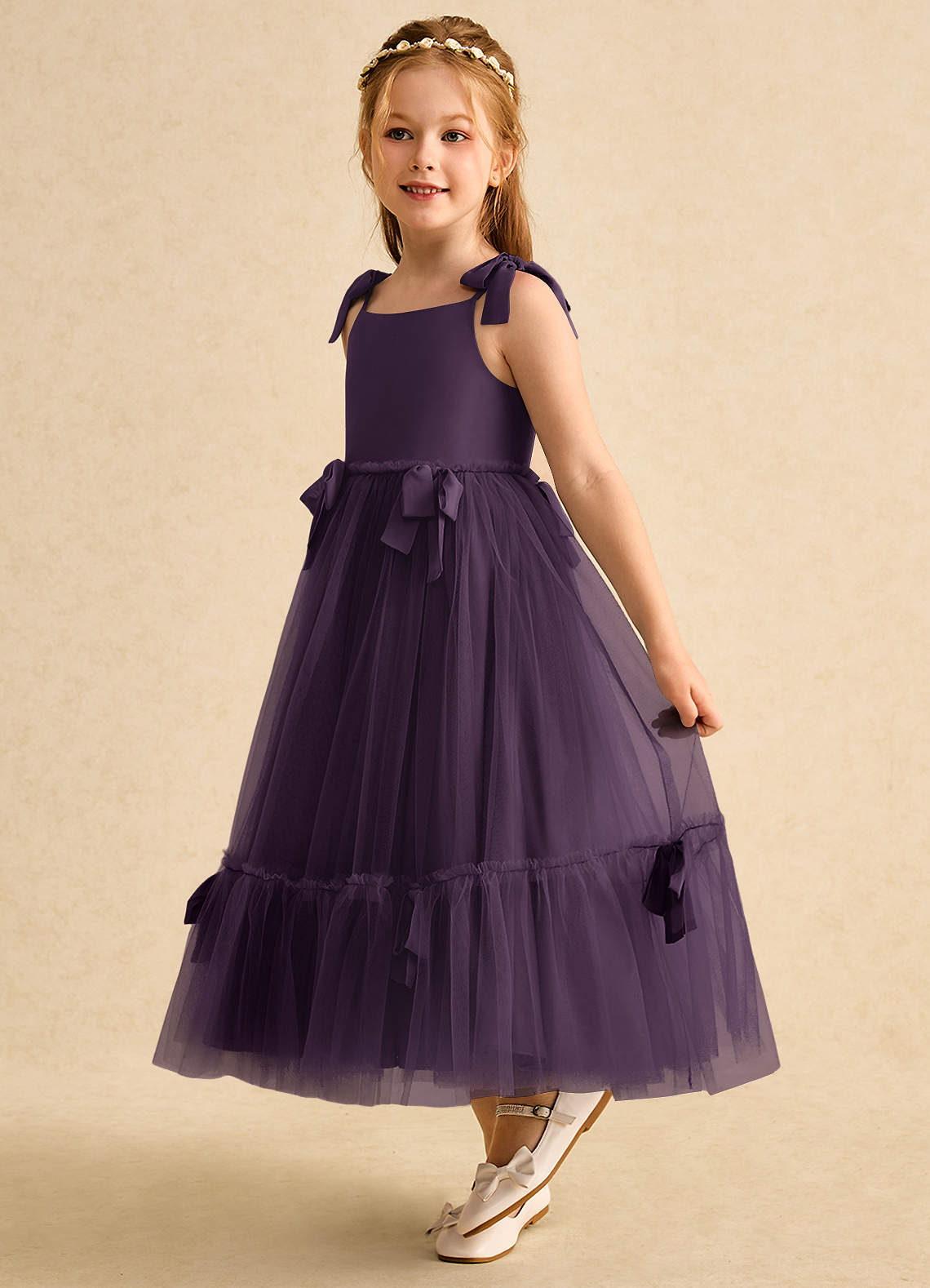 Azazie Jaci Flower Girl Dresses Plum A-Line Spaghetti Strap Chiffon Dress image1