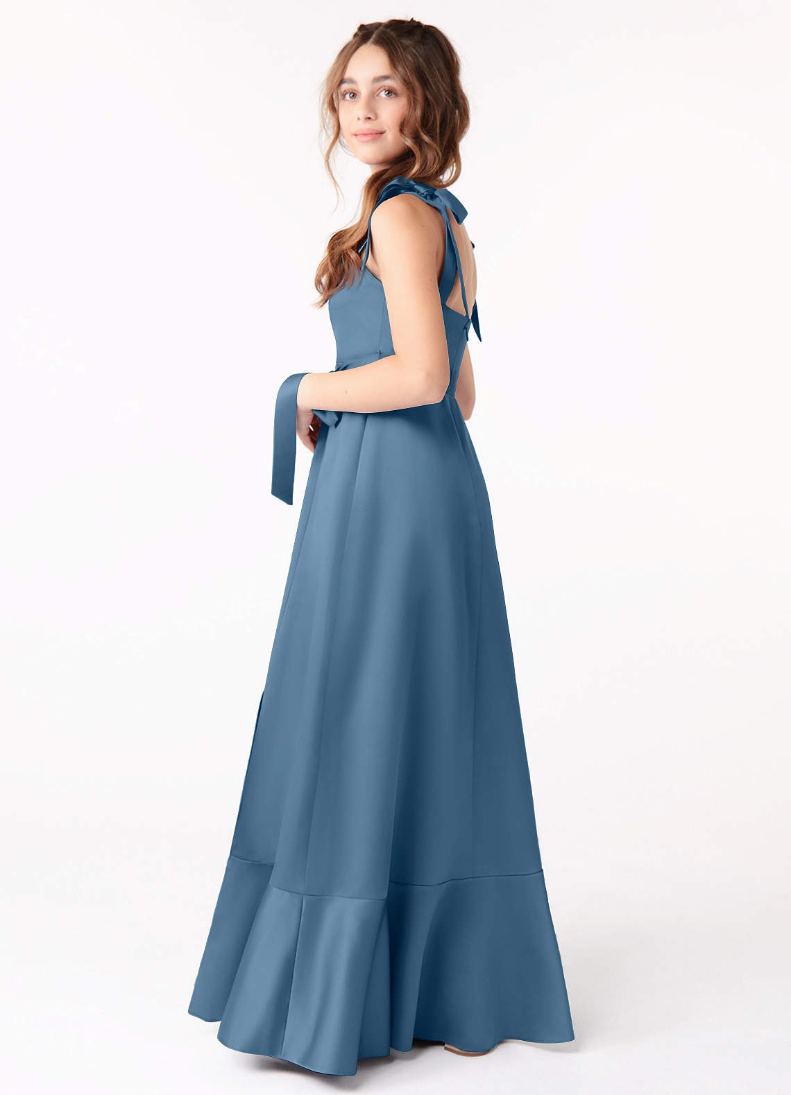 Azazie Barbara A-Line Bow Matte Satin Floor-Length Junior Bridesmaid Dress image1