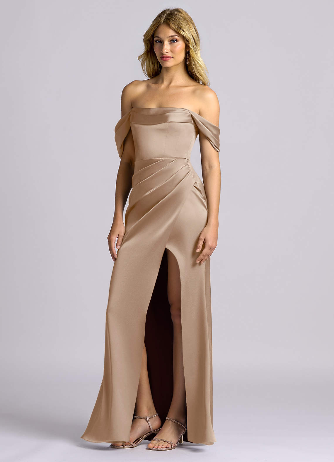 taupe off shoulder dress Off The Shoulder Taupe Prom Dresses - Long & Short Prom Gowns