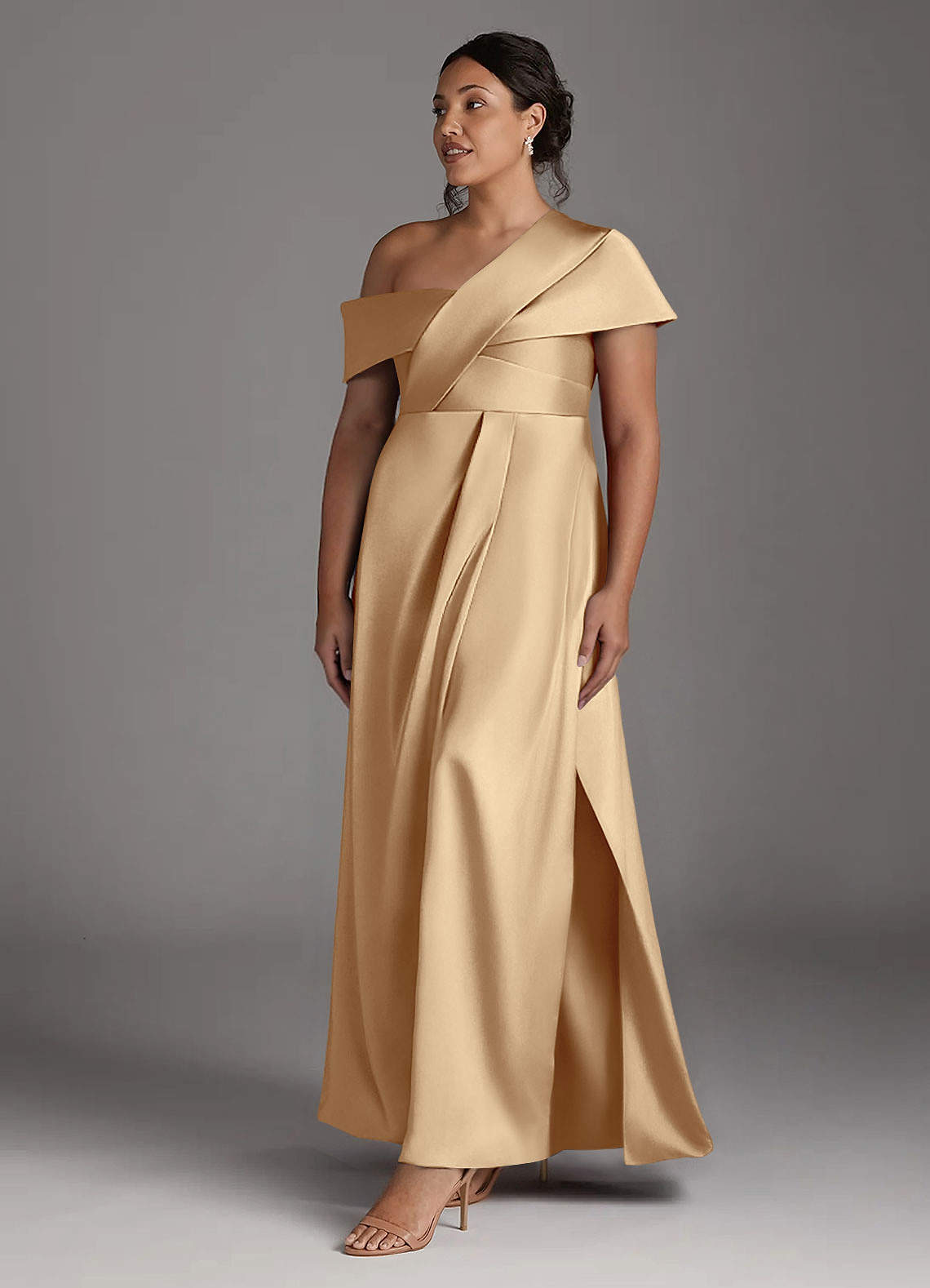 Azazie Milton Mother of the Bride Dresses Champagne A-Line Pleated Stretch Satin Dress image10