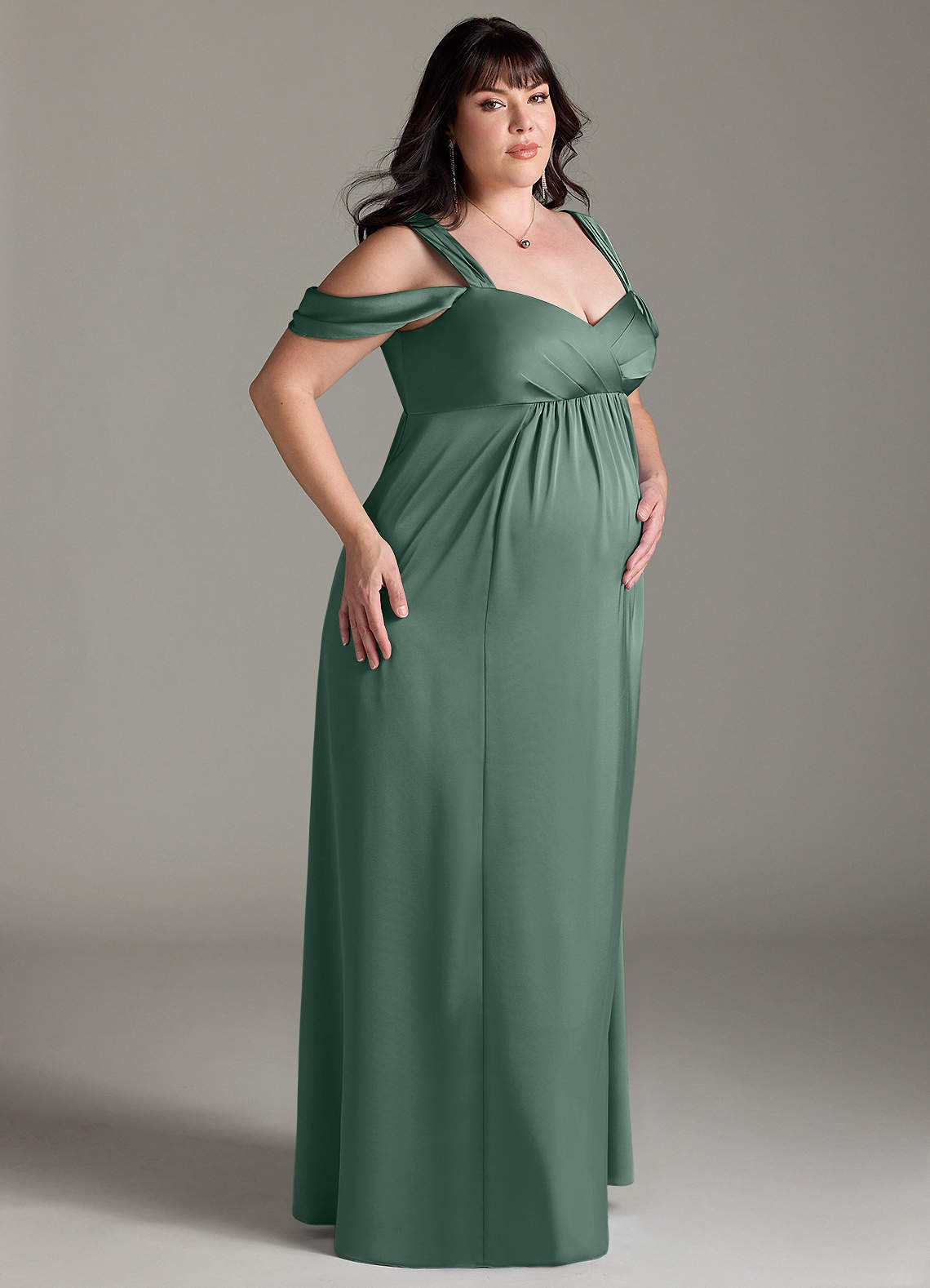 Azazie Rhea Vestidos de dama de honra para maternidade Vestir Linha A Plissado Comprimento do chão Cetim elástico image9