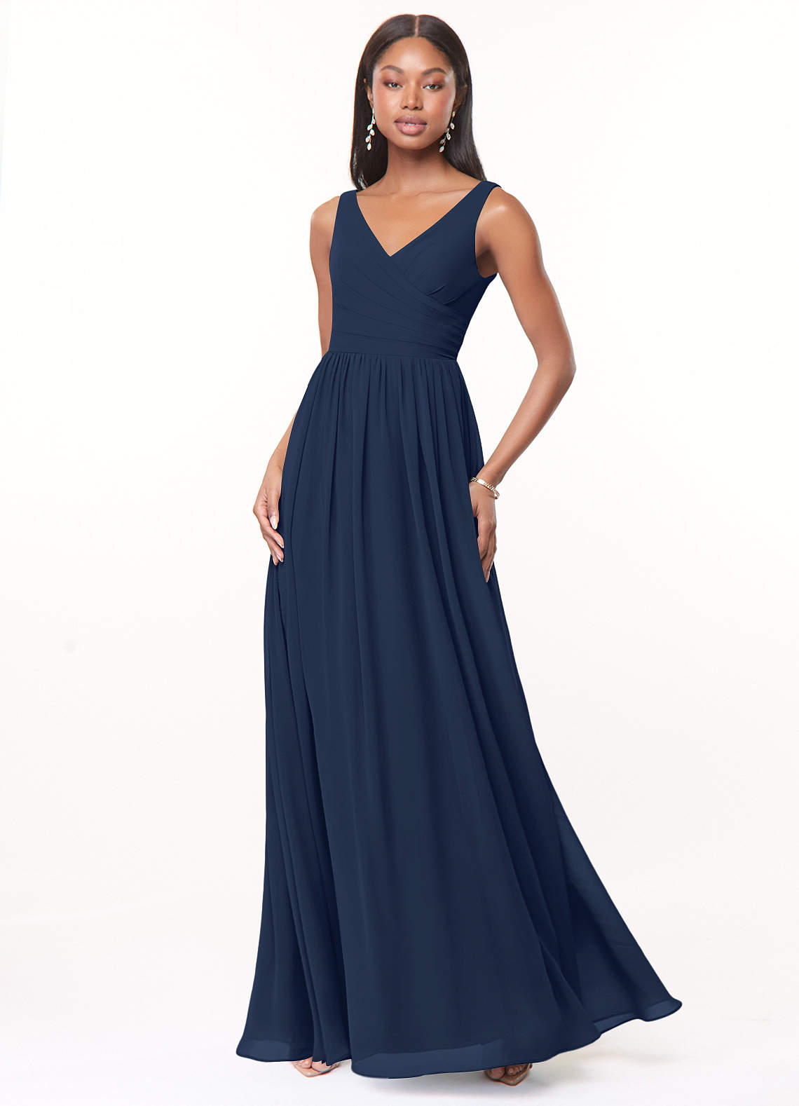 Azazie Keyla Bridesmaid Dresses Dark Navy A-Line V-Neck Pleated Chiffon Dress image1