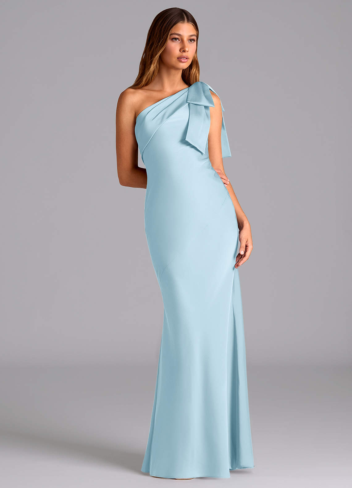 Azazie Yuanna Bridesmaid Dresses Sky Blue Mermaid One Shoulder Stretch Satin Dress image4