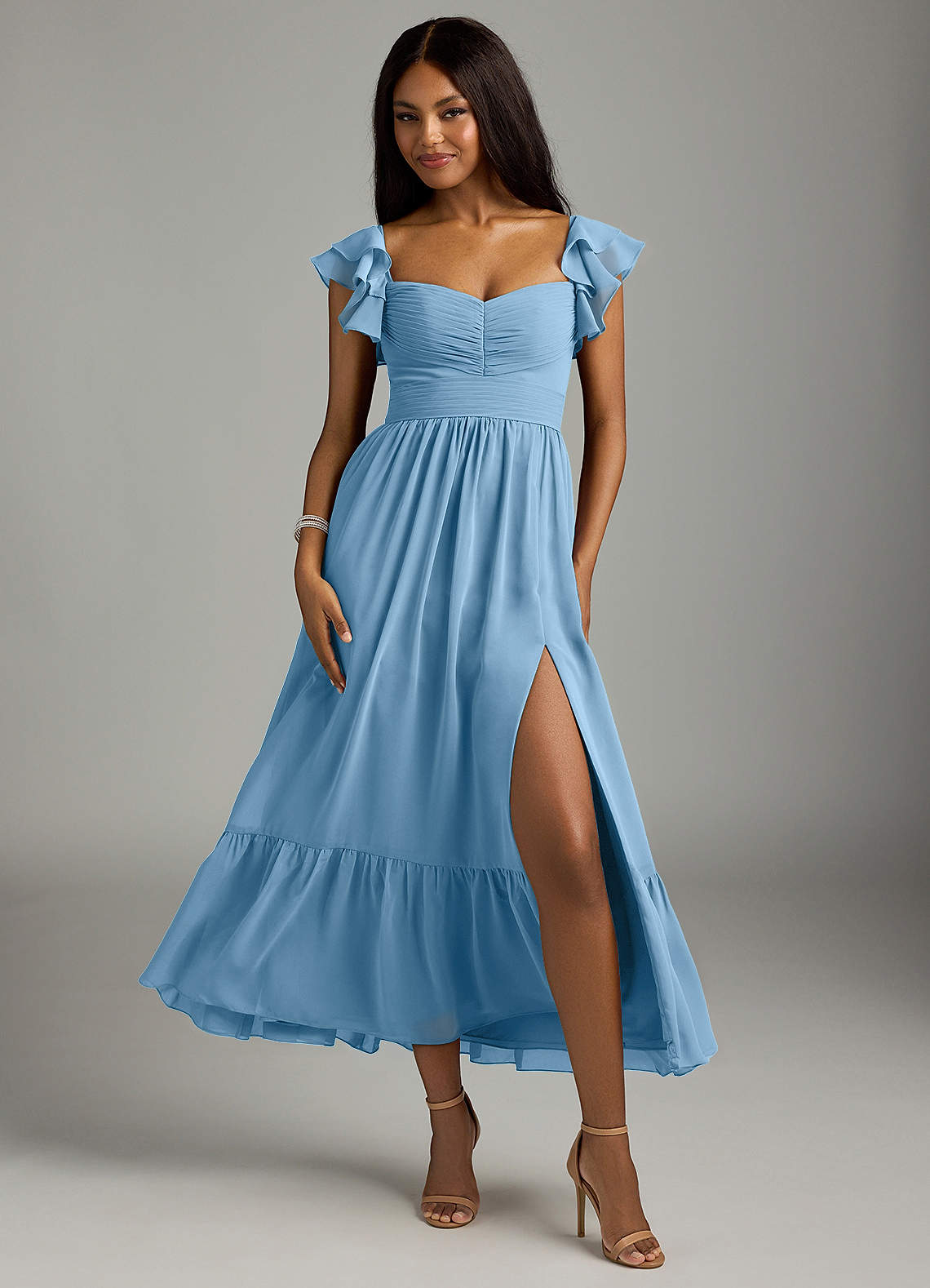 Azazie Anaya Bridesmaid Dresses Steel Blue A-Line Pleated Chiffon Dress image1