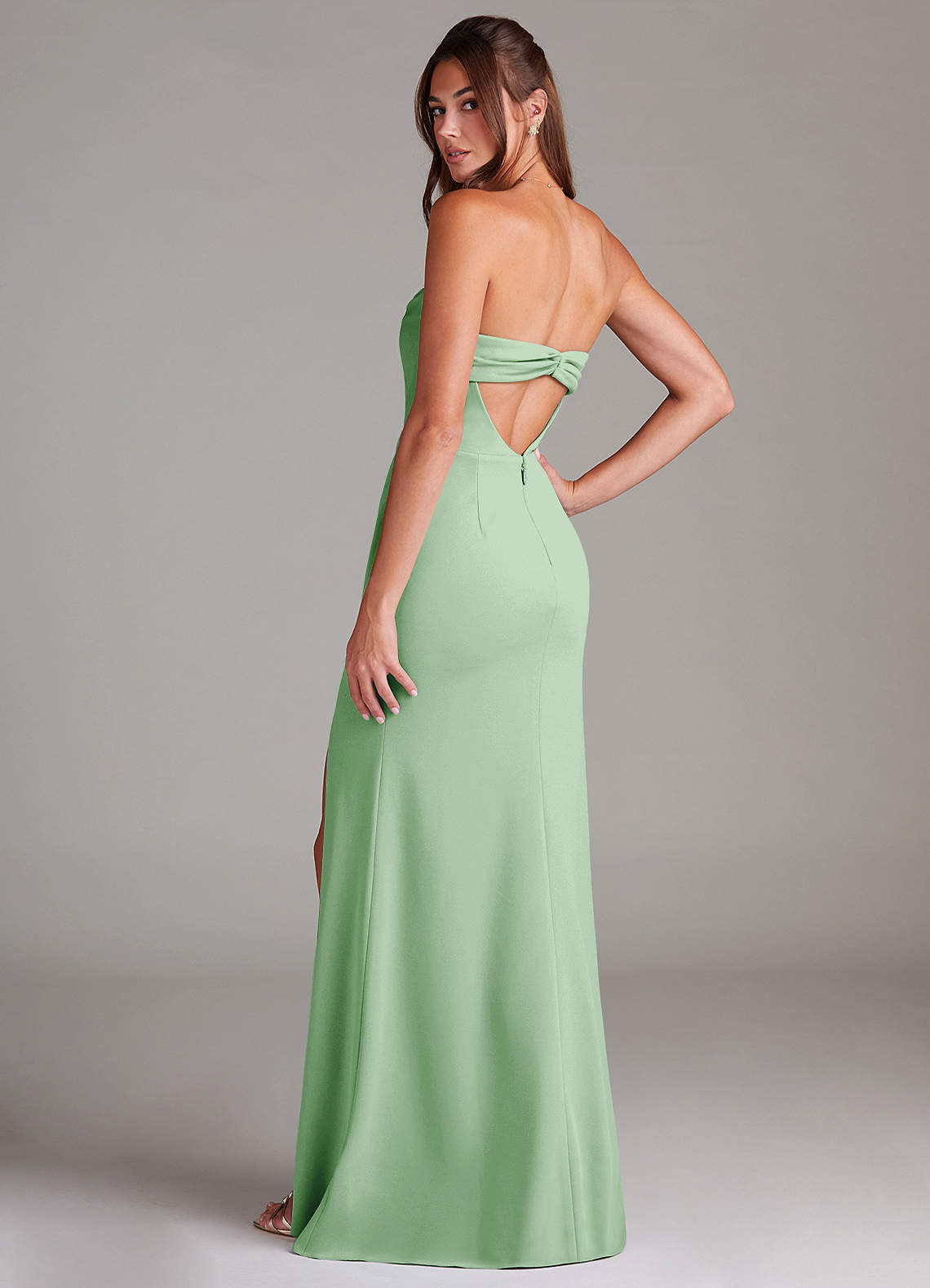crepe sage bridesmaid dresses Azazie Leonis wedding dusty sage green bridesmaid dresses