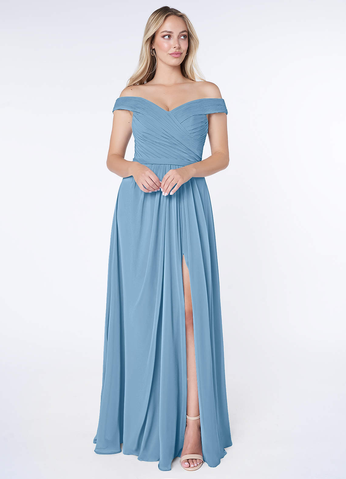 Azazie Audrianna Bridesmaid Dresses Steel Blue A-Line Off-The-Shoulder Gathered Chiffon Convertible Dress image1