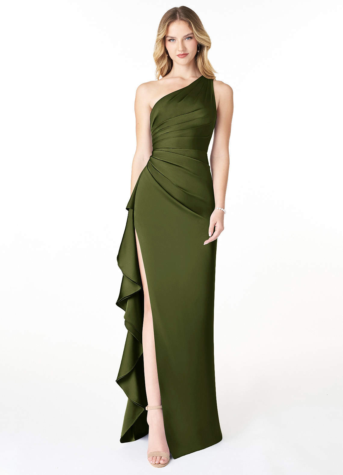 Azazie Latrice Bridesmaid Dresses Olive Sheath One Shoulder Cascading Ruffles Stretch Satin Dress image1
