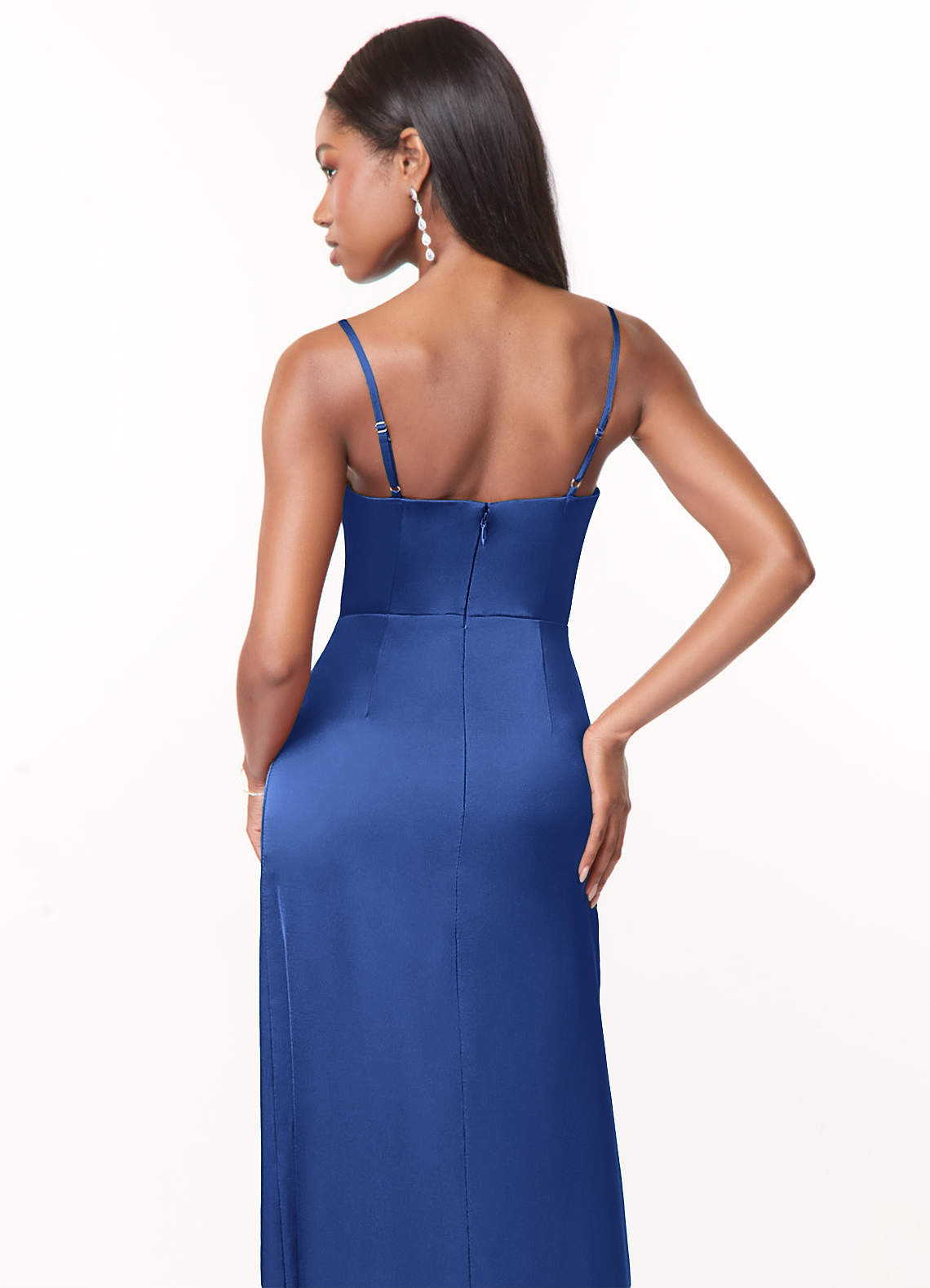 Azazie Maci Vestidos de madrinha de casamento Vestido Royal Blue de Cetim elástico de Linha A com Plissado image3
