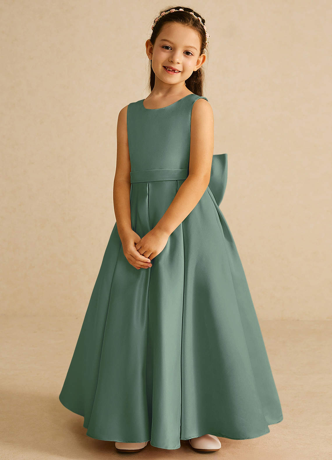 Azazie Pipsy Flower Girl Dresses Eucalyptus A-Line Bow Matte Satin Dress image3