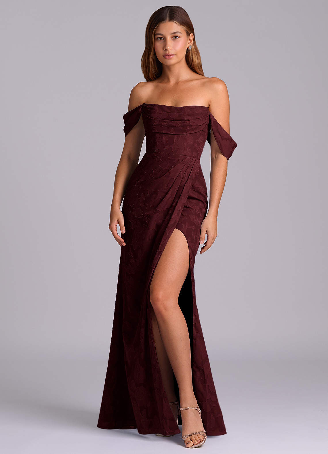 Azazie Johana Bridesmaid Dresses Cabernet Mermaid Off the Shoulder Floral Burnout Convertible Dress image3