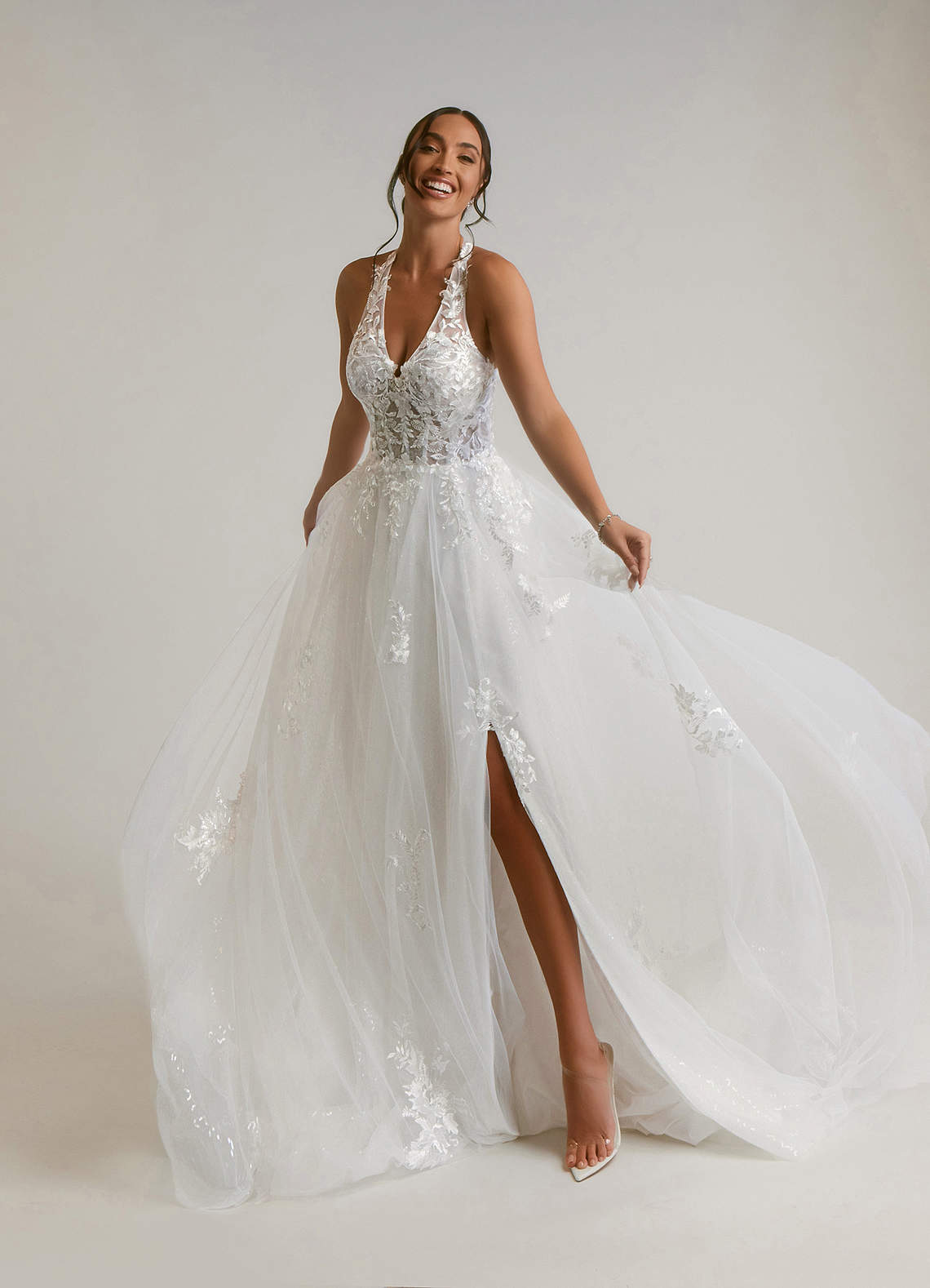 Azazie Dysis Wedding Dresses Diamond White A-Line Halter Sequins Tulle Dress image2