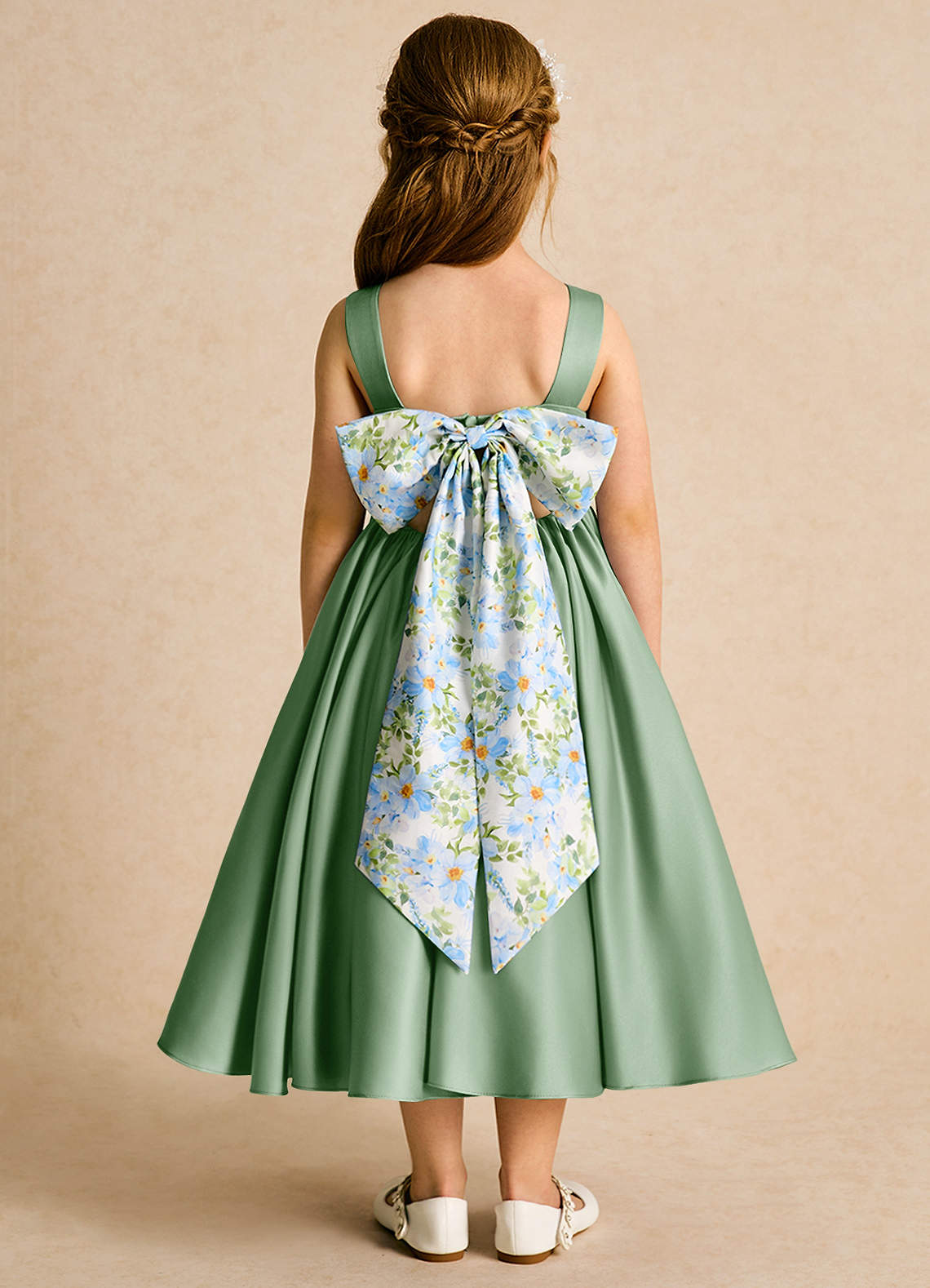 Azazie Doodlebug Flower Girl Dresses Matcha A-Line Bow Matte Satin Dress image1