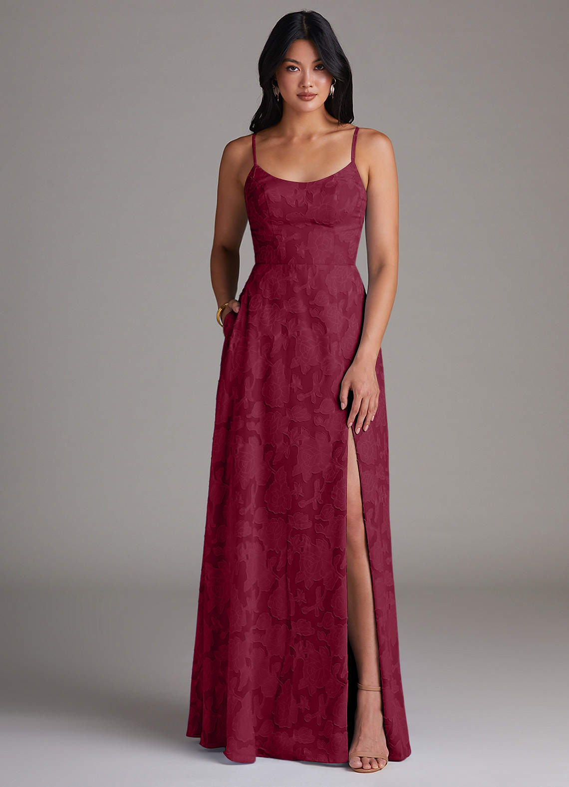 Azazie Moira Bridesmaid Dresses Burgundy A-Line Side Slit Floral Burnout Dress image1