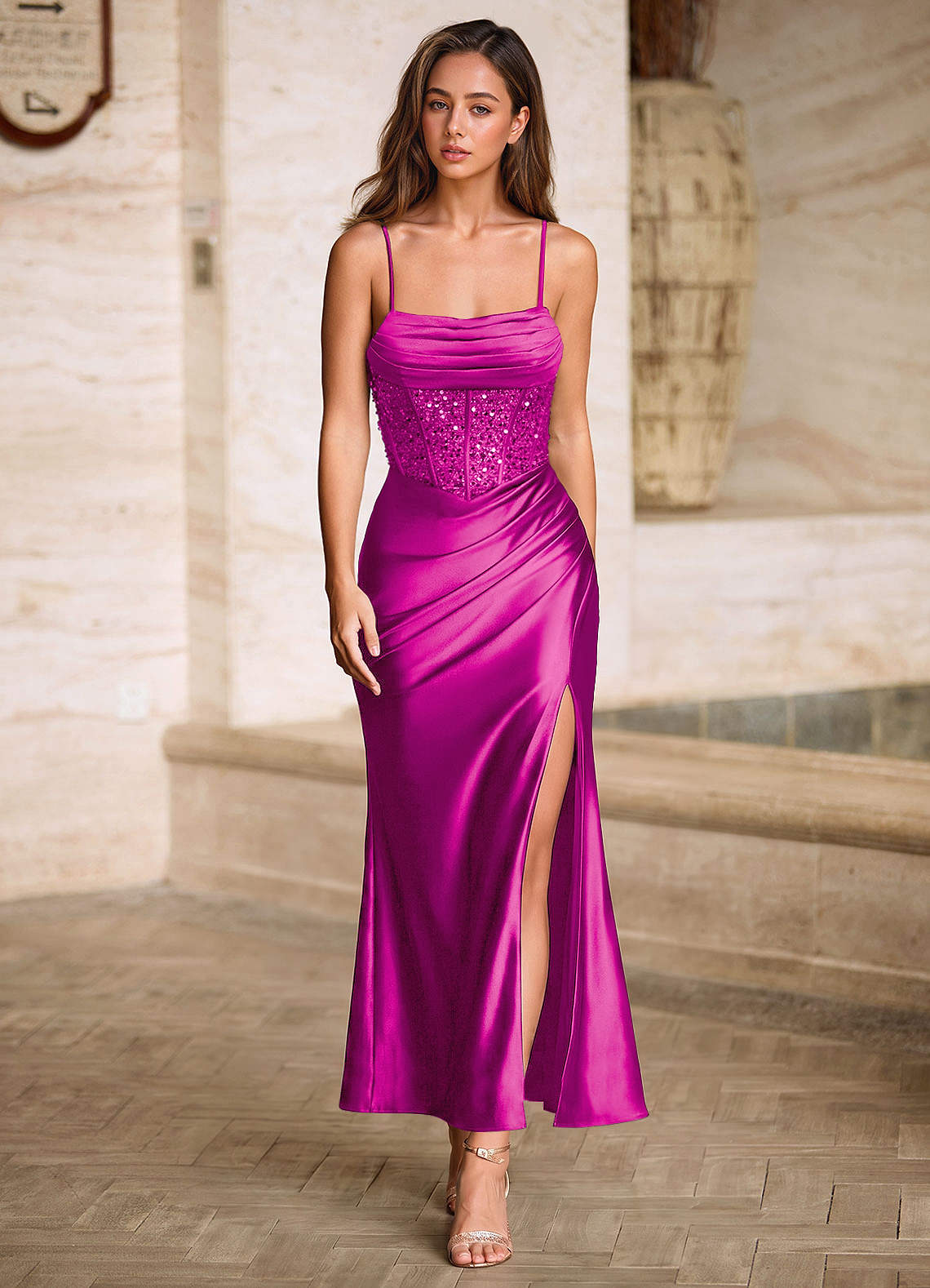 Viviannella Magenta Sequin Embroidery Stretch Satin Wedding Guest | Azazie  CA