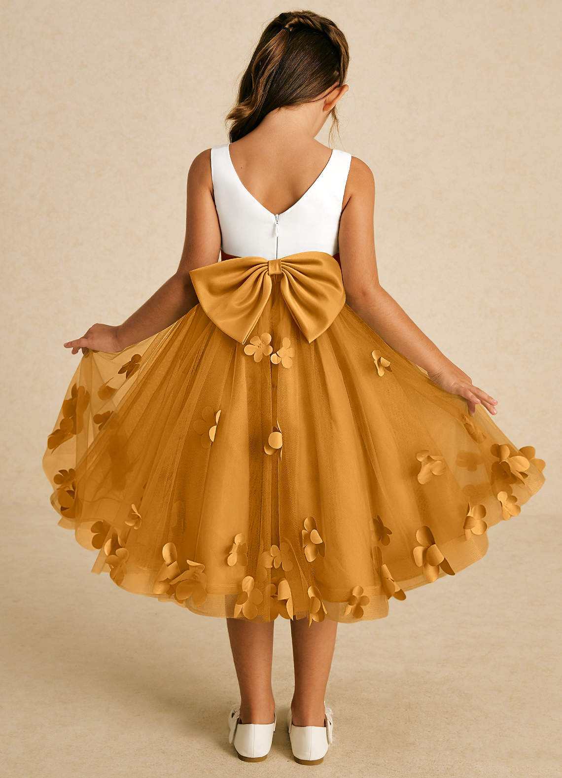 Azazie Sprout Flower Girl Dresses Butterscotch A-Line Bow Tulle Dress image1