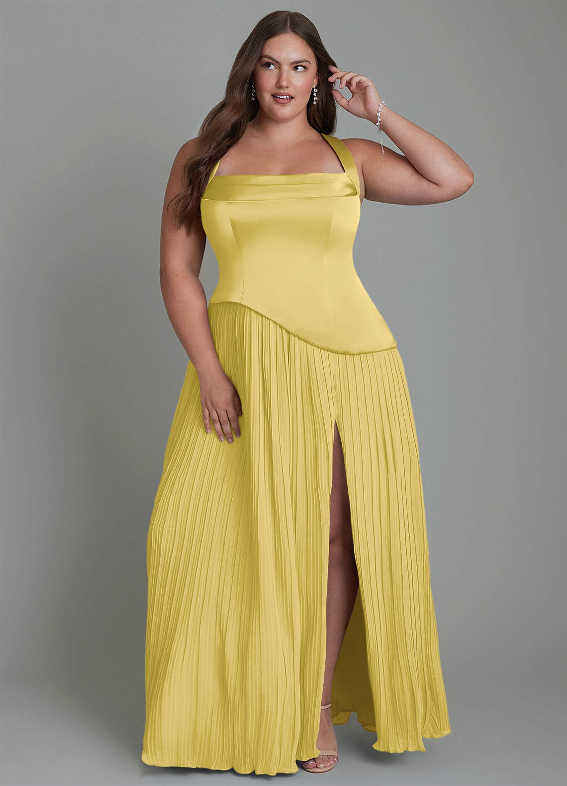 Azazie Stephanie Bridesmaid Dresses Canary A-Line Pleated Stretch Satin Dress image1