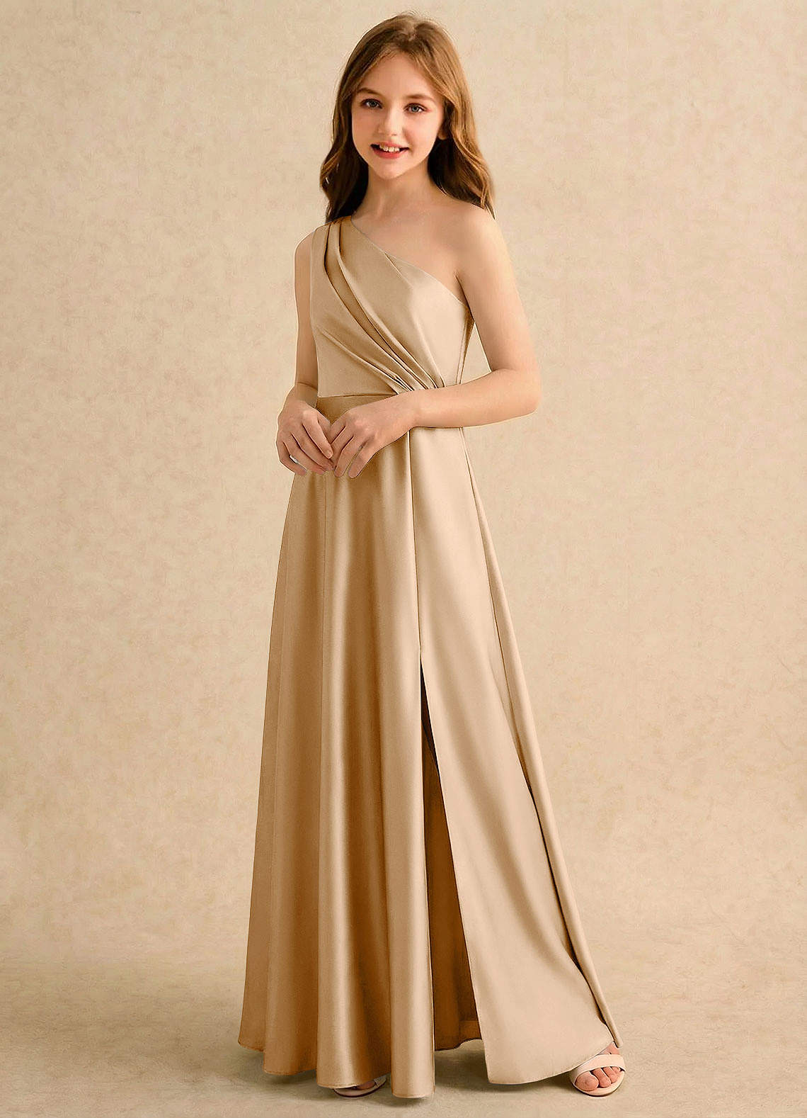 Azazie Puddles Girls Formal Robe Demoiselle D'honneur Fillette Robe Trapèze en Satin extensible Une épaule Or image3