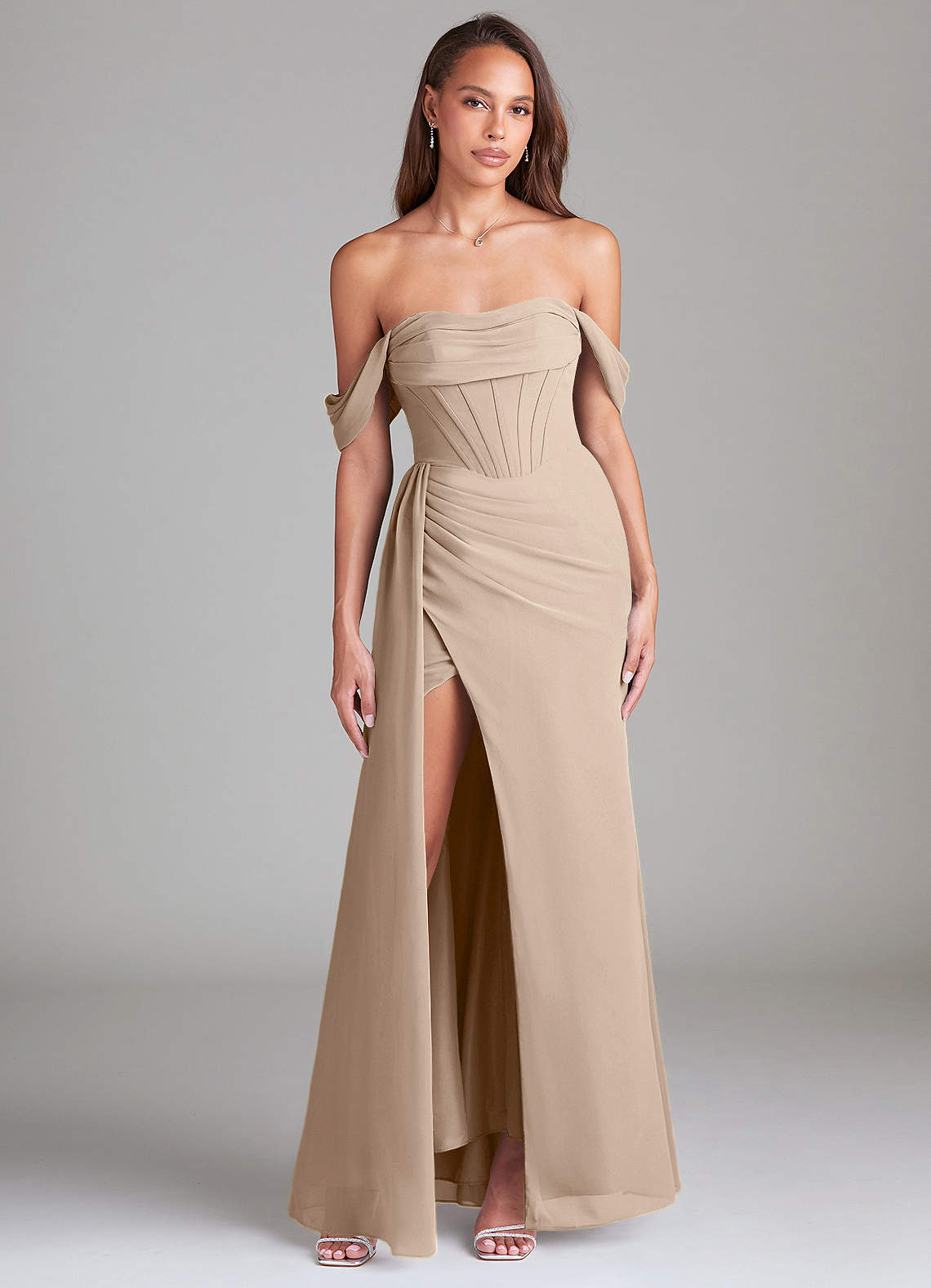 Azazie Amyra Bridesmaid Dresses Taupe Sheath Off the Shoulder Chiffon Convertible Dress image1