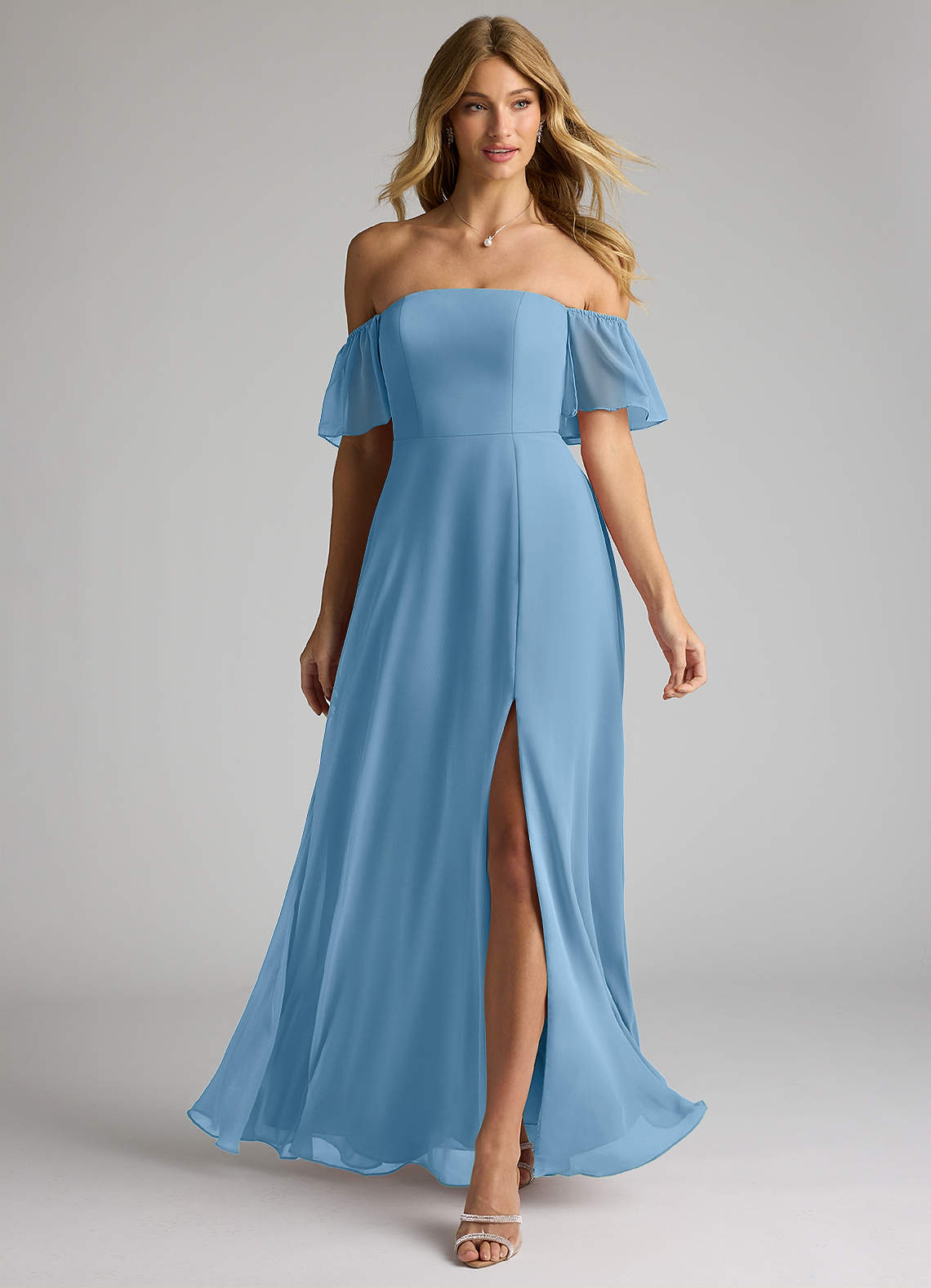 Azazie Sue Jurken voor bruidsmeisjes Converteerbaar Jurk van Chiffon met A-Lijn Off the Shoulder Staal Blauw image1