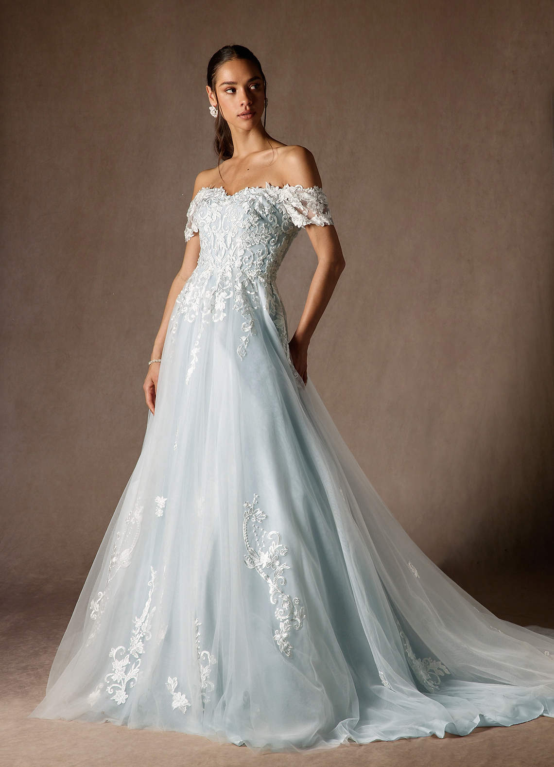 Azazie Rowe At-home Try On Dresses Cloudy Blue Ball-Gown Off the Shoulder Tulle Dress image4