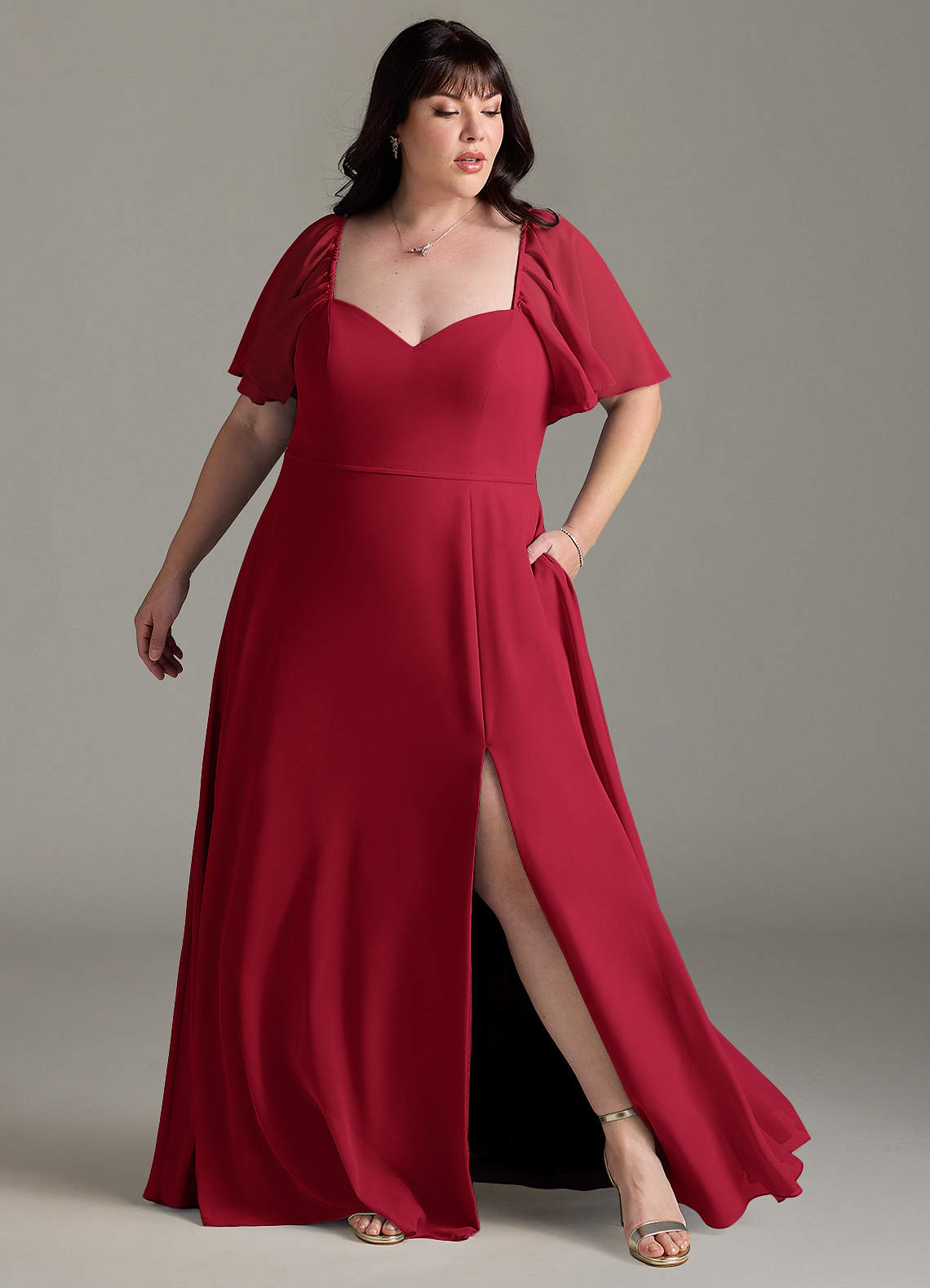 red sweetheart neckline bridesmaid dress Azazie Plus Size A-Line Sweetheart Floor-Length Chiffon Bridesmaid Dresses