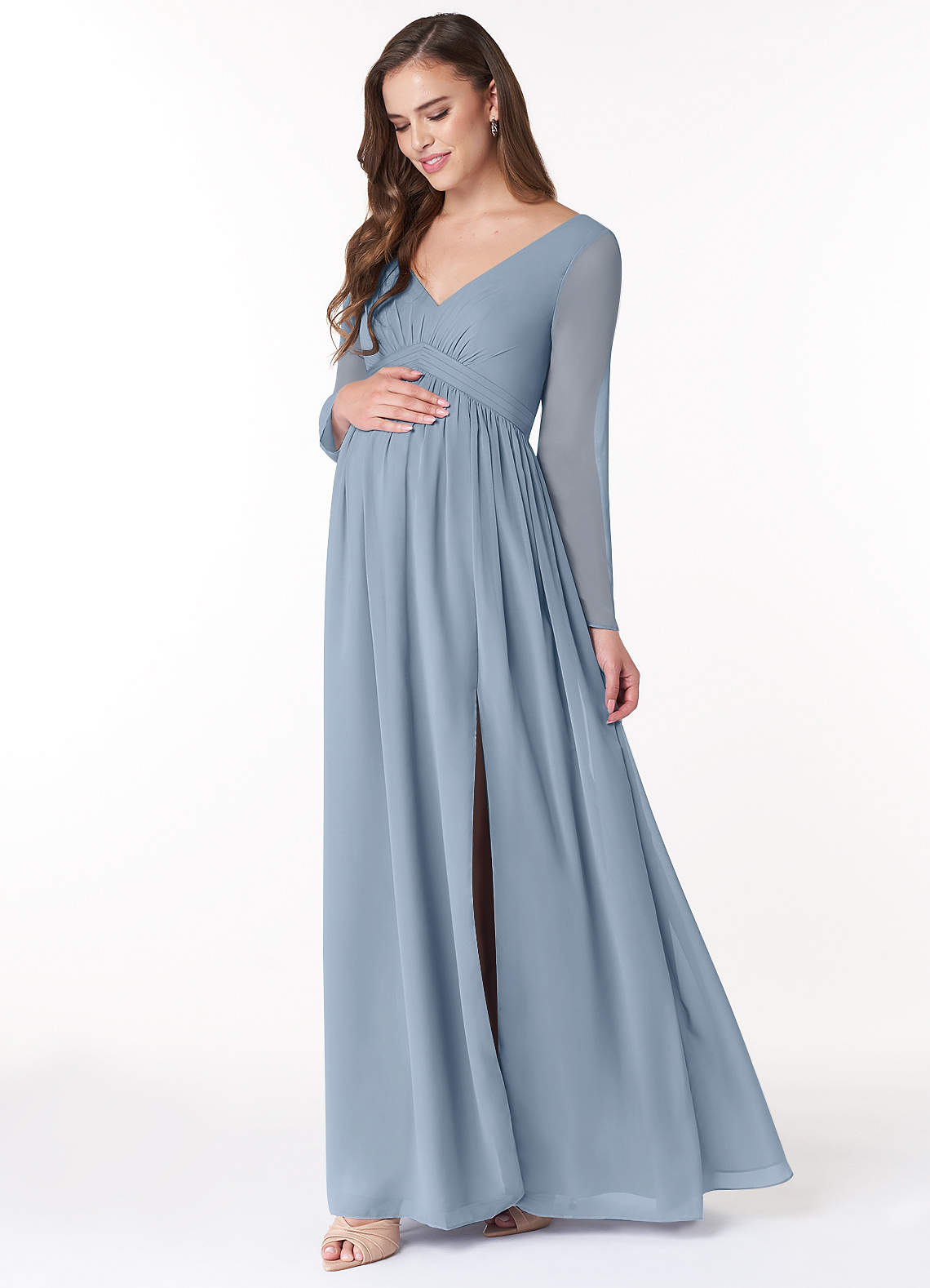 Azazie Teton Maternity Bridesmaid Dresses A-Line Long Sleeve Chiffon Floor-Length Dress image2