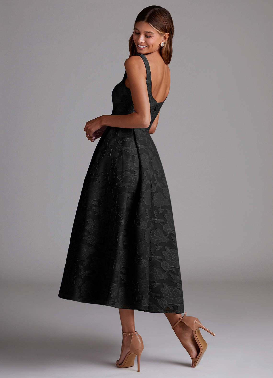 Azazie Amalie Bridesmaid Dresses Black A-Line Pleated Floral Burnout Dress image1