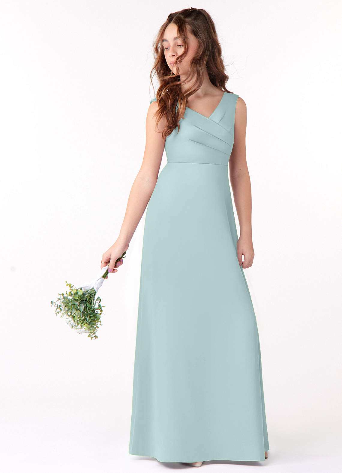 Azazie Sadia Junior Mist A-Line Pleated Stretch Satin Dress image1