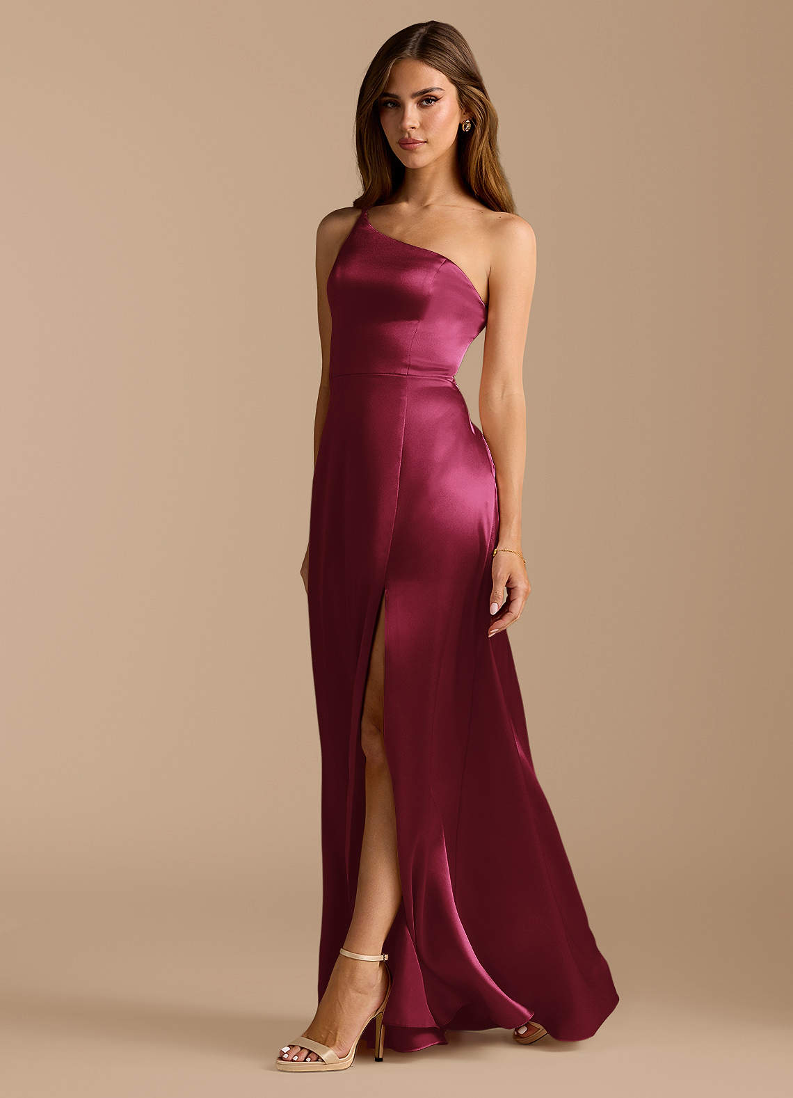 Azazie Trina Bridesmaid Dresses Burgundy A-Line One Shoulder Metallic Satin Dress image1