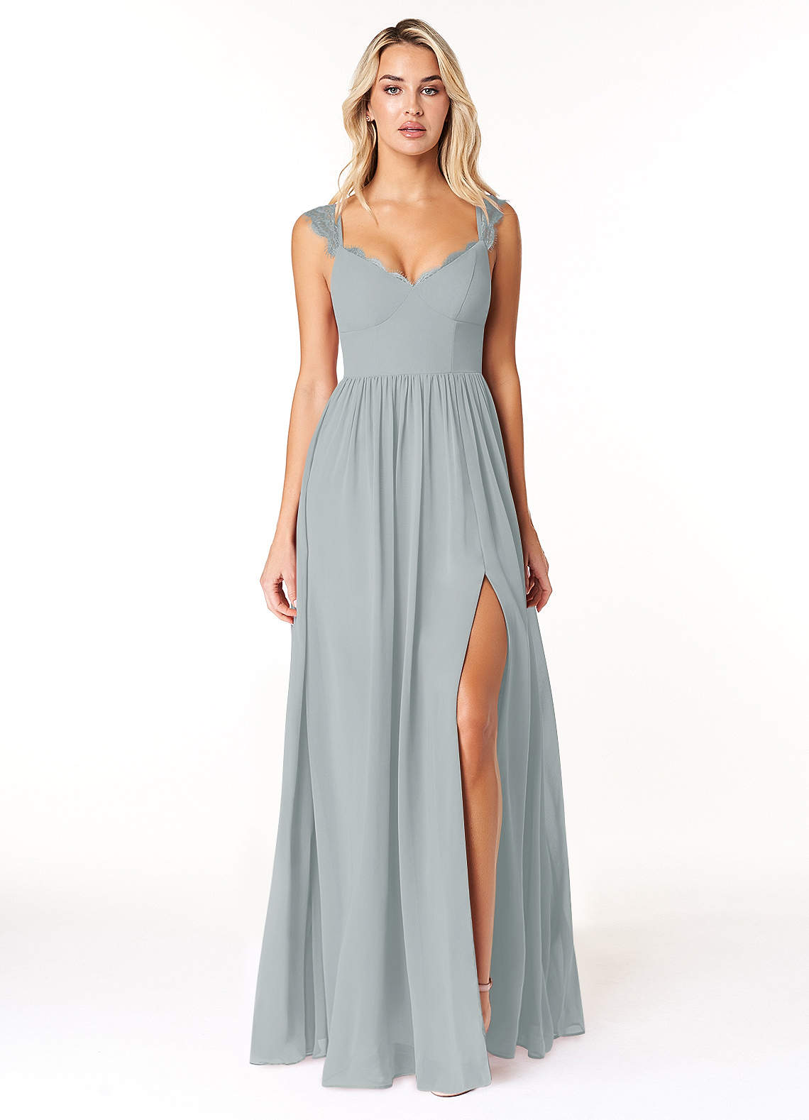 dolphin grey dress [Final Sale] Dolphin Grey Lace V-Neck Sleeveless Midi Length Chiffon Flowy Bridesmaid Dresses Dolphin Grey / 2X / N24