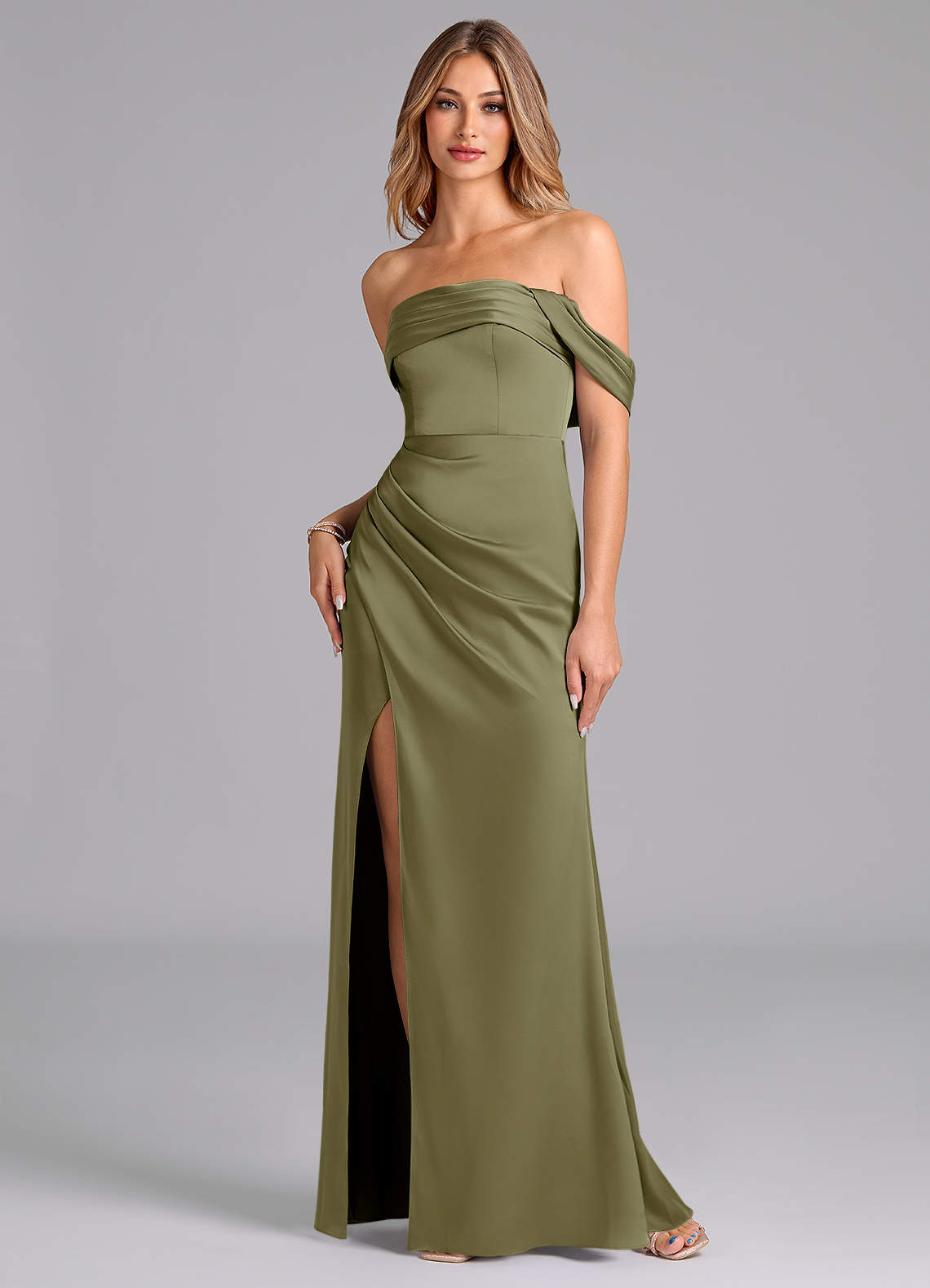 Azazie Lisbeth Bridesmaid Dresses Pistachio Mermaid Off the Shoulder Stretch Satin Convertible Dress image1