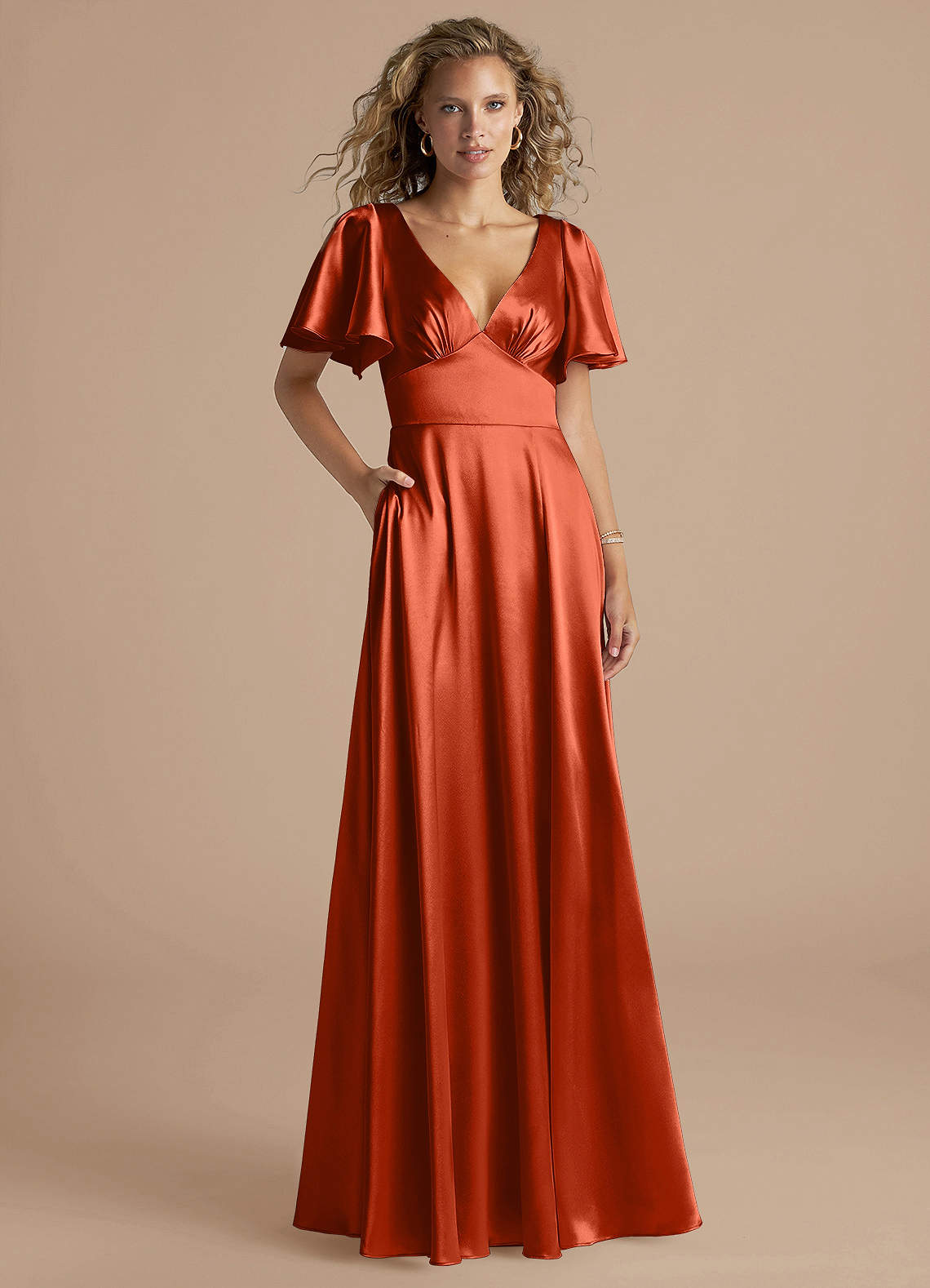 Azazie Kimber Bridesmaid Dresses Paprika A-Line Ruched Metallic Satin Dress image1