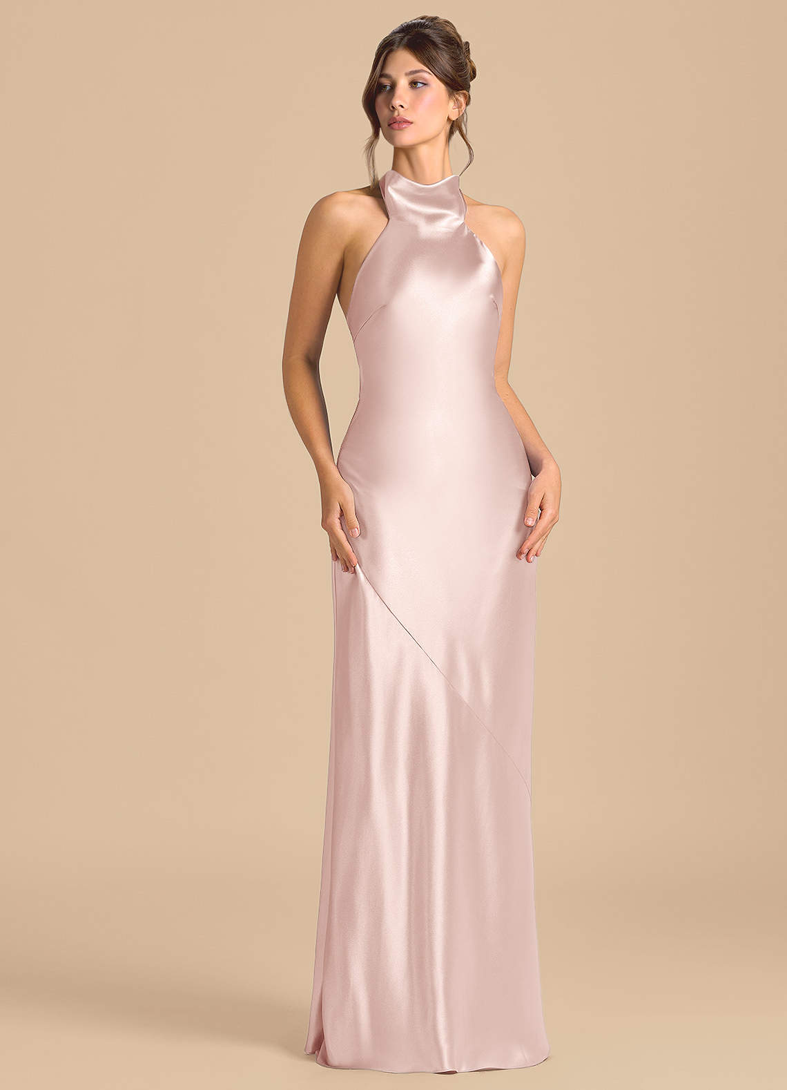 Azazie Velli Robes de demoiselle d'honneur Robe Fourreau en Satiné métallisé Col Haut Rose Pâle image1