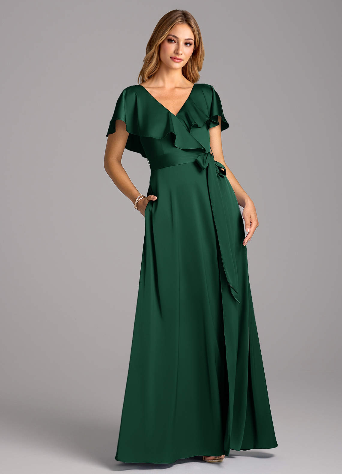 dark green satin wrap dress Emerald Green Silk Wrap Mini Dress with bracelet sleeves for prom and bachelorette party