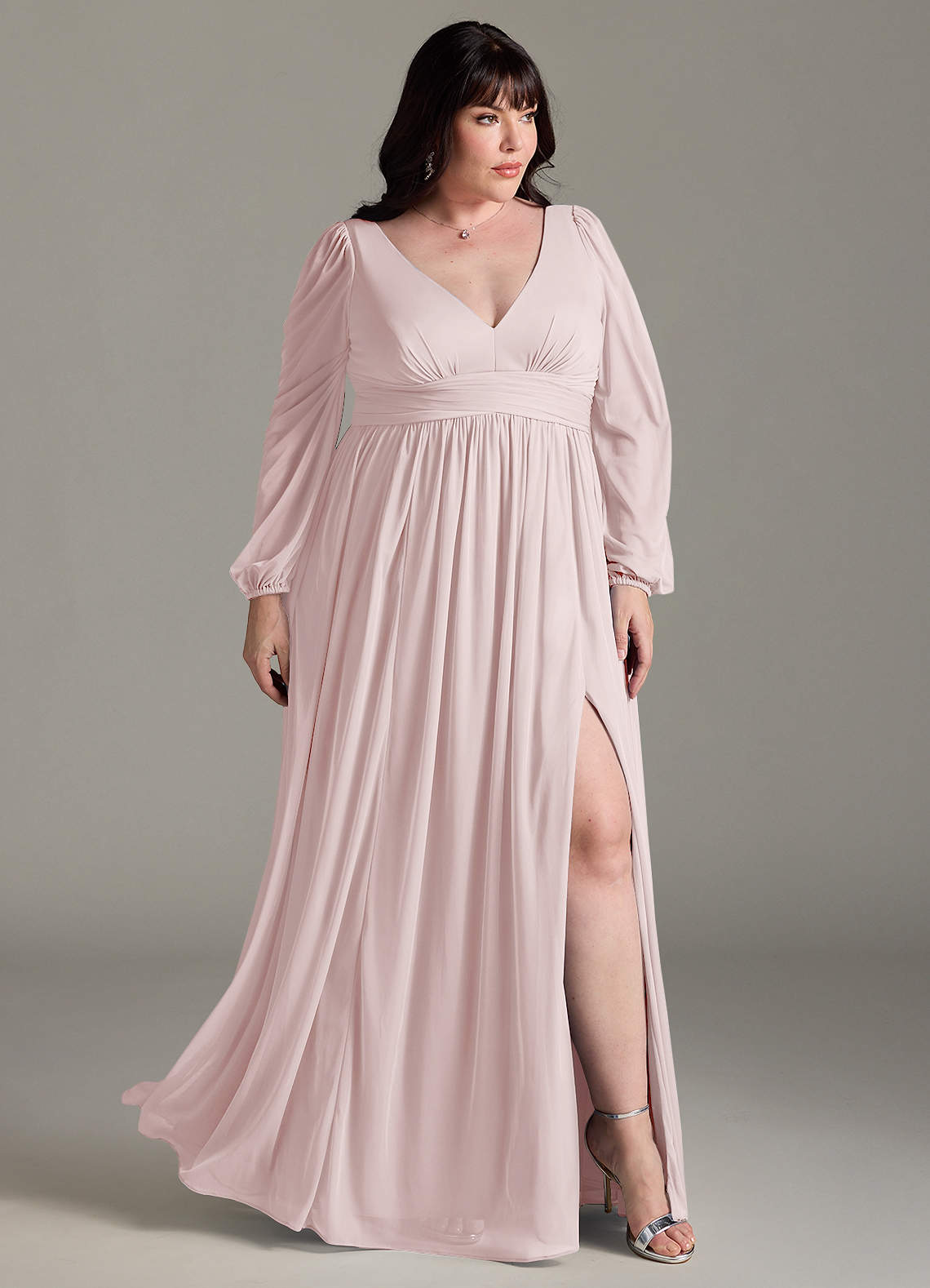 Azazie Plus Size A-Line V-Neck Long Sleeve Floor-Length Chiffon Bridesmaid Dresses - Blushing Pink Azazie Plus Size A-Line V-Neck Long Sleeve Floor-Length Chiffon Bridesmaid Dresses - Blushing Pink