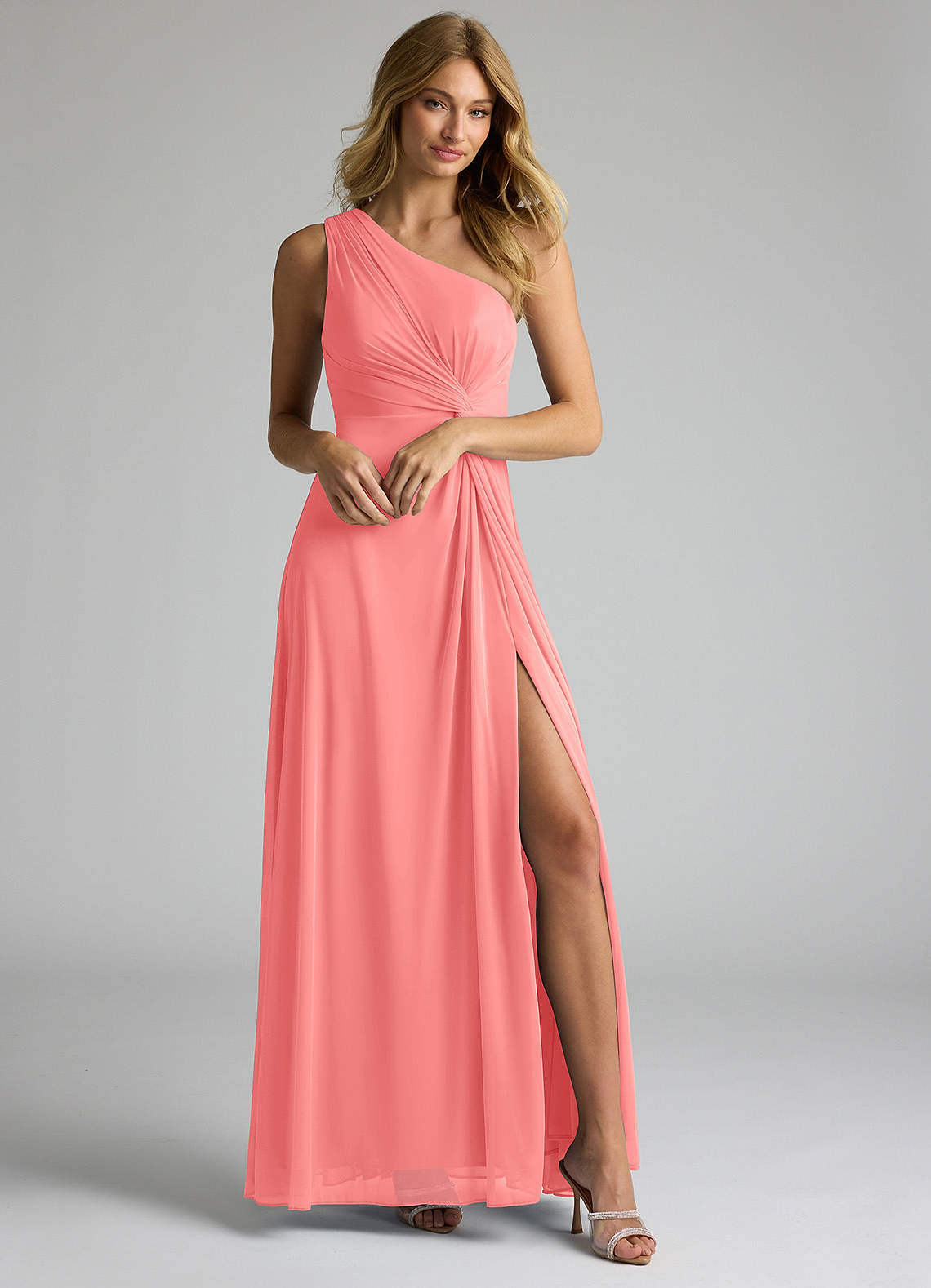 Azazie Brooke Bridesmaid Dresses Coral A-Line One Shoulder Mesh Dress image1